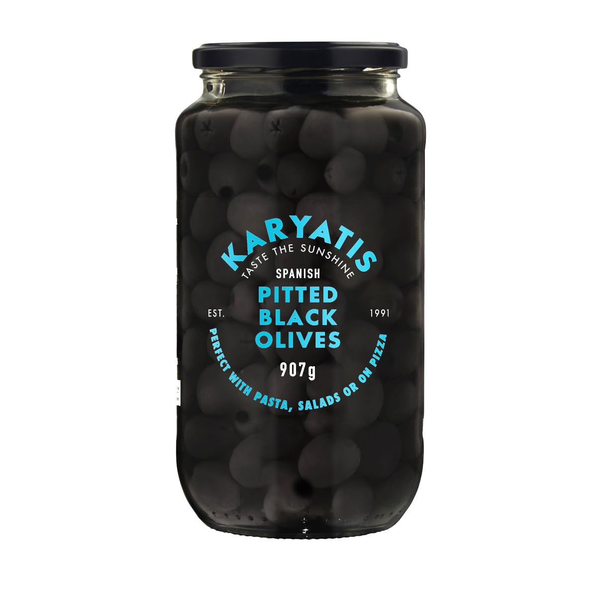 Karyatis Spanische schwarze entsteinte Hojiblanca-Oliven in Salzlake, 907 g