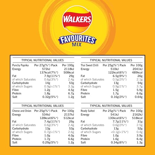 Walkers Favourites Mix Multipack Chips, 18er-Pack – Käse und Zwiebeln, fertig gesalzen, Paprika, süße Thai-Chili