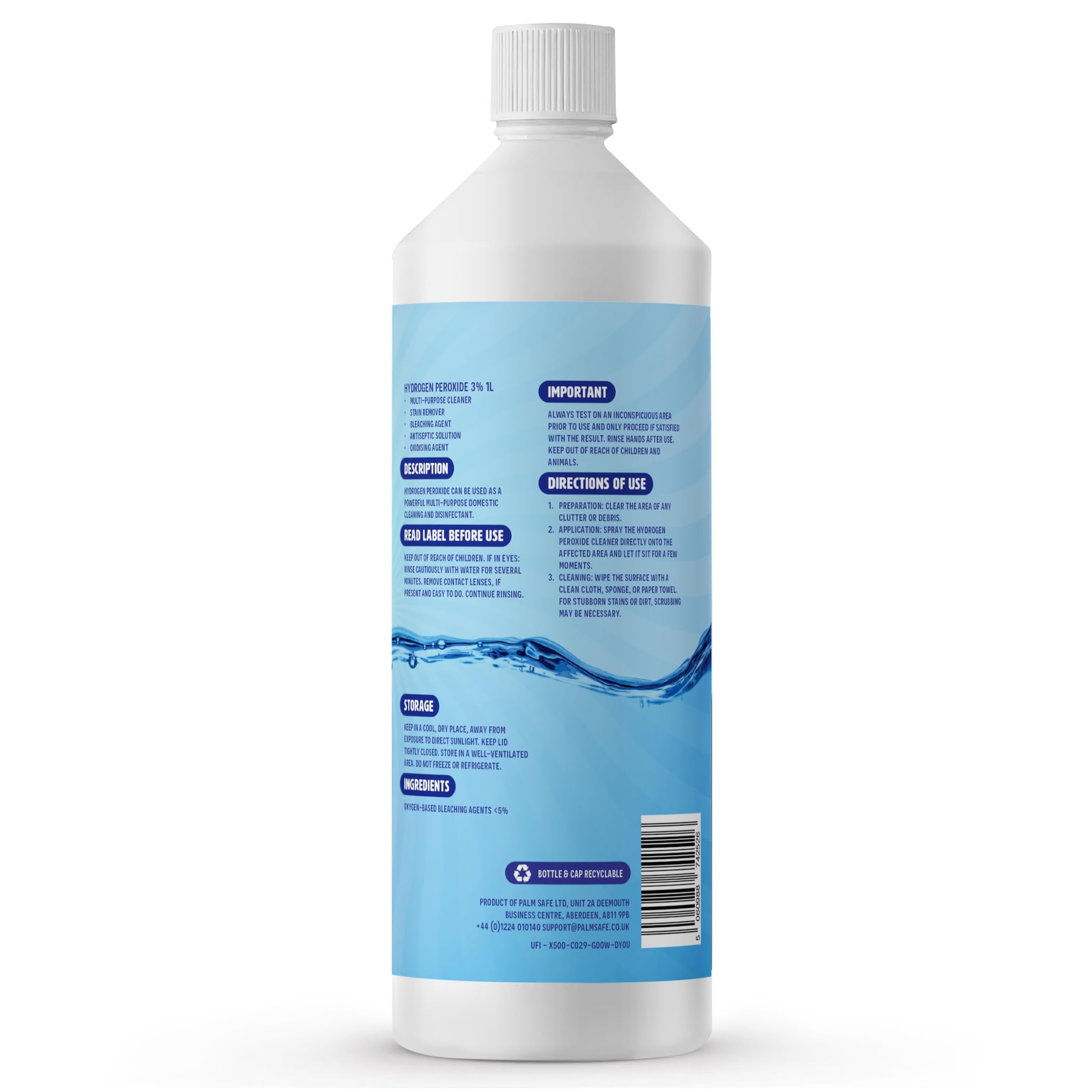 Pure Safe - Wasserstoffperoxid 3% Lösung 1 Ltr – Mehrzweck-Haushaltsreiniger