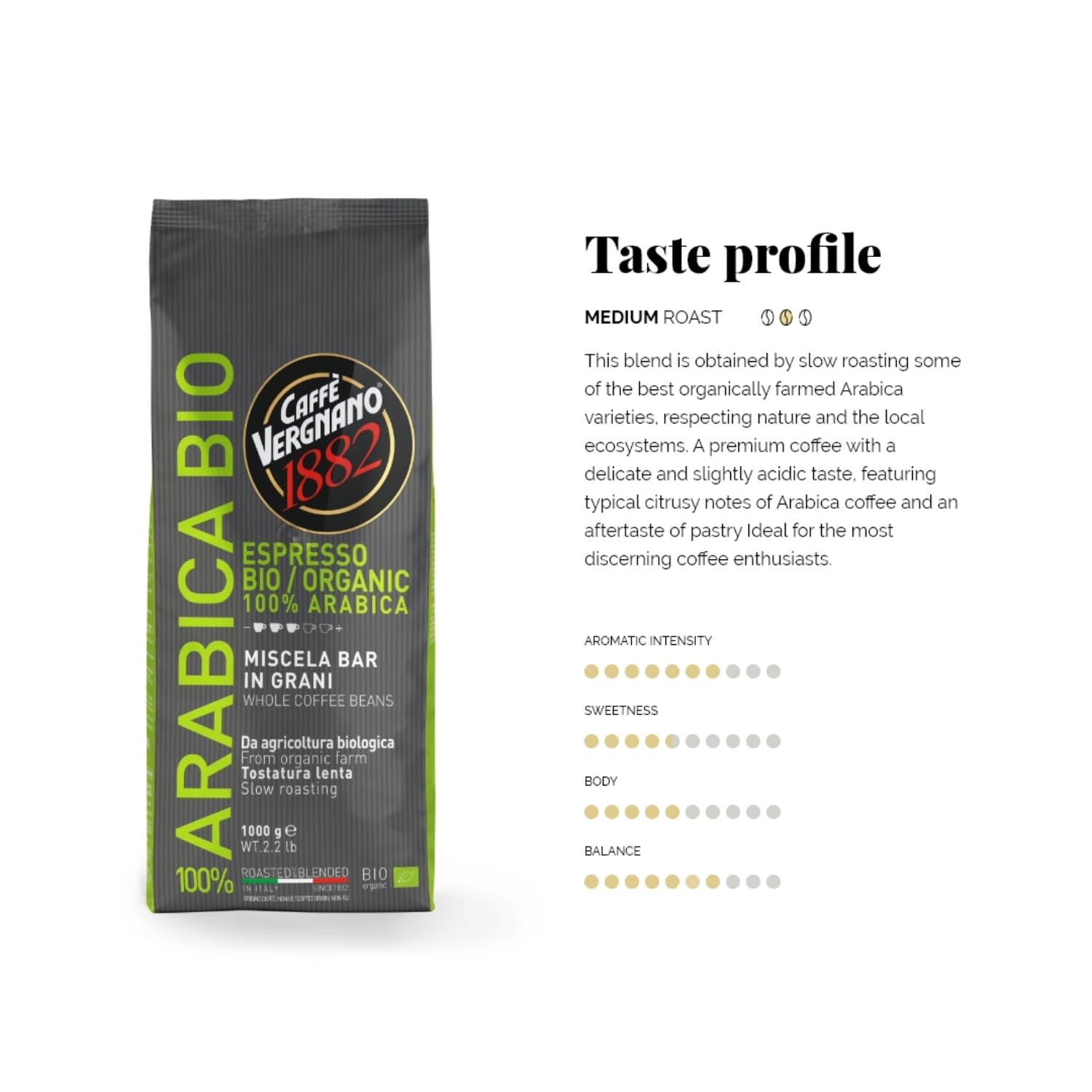 Caffè Vergnano 1882 100% Arabica Bio Whole Bean Coffee - 1 kg
