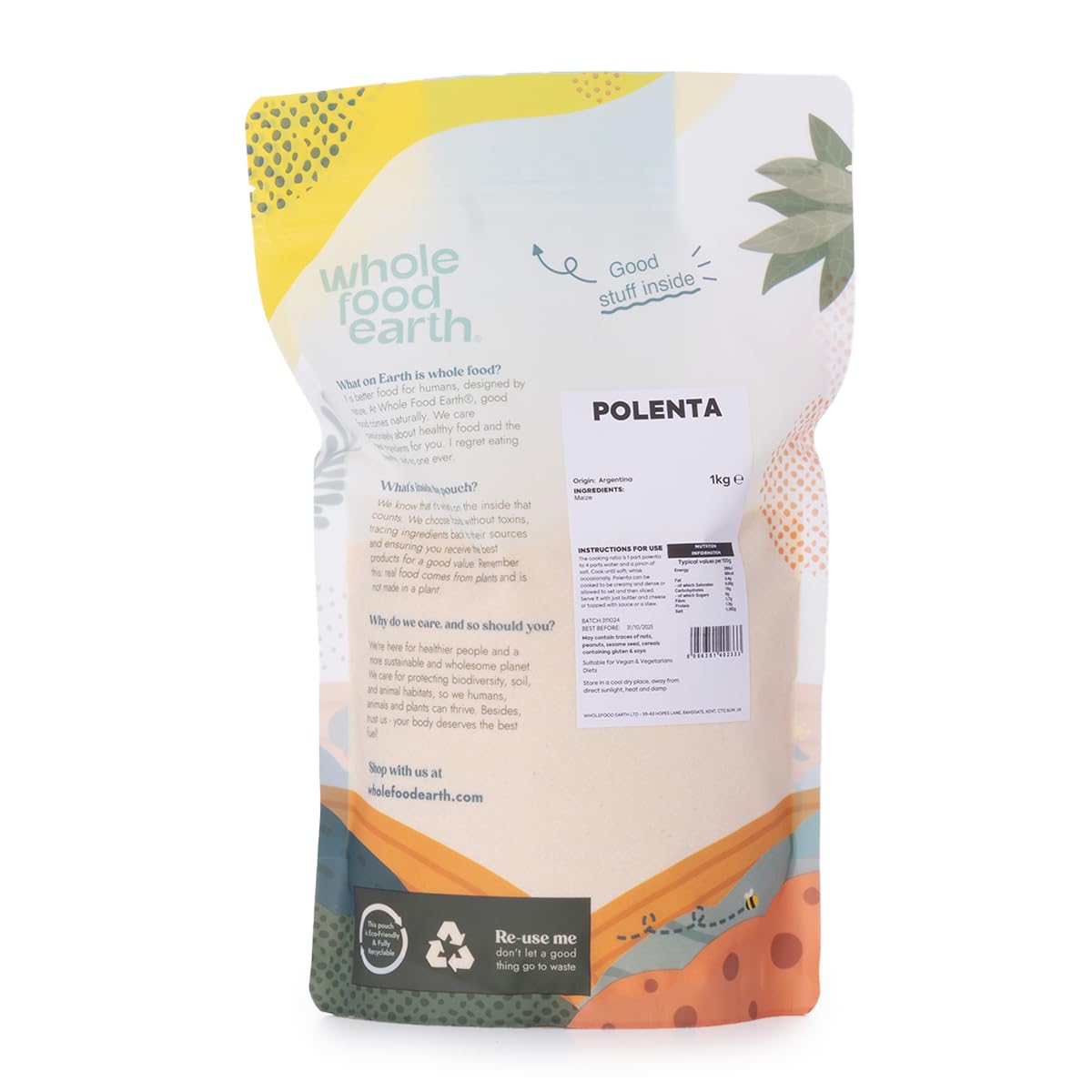 Wholefood Earth Polenta 1 kg – gentechnikfreies gemahlenes Maismehl