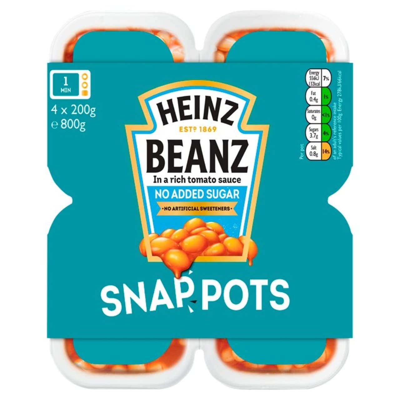 Heinz Baked Beans ohne Zuckerzusatz, Snap-Becher, 4 x 200 g