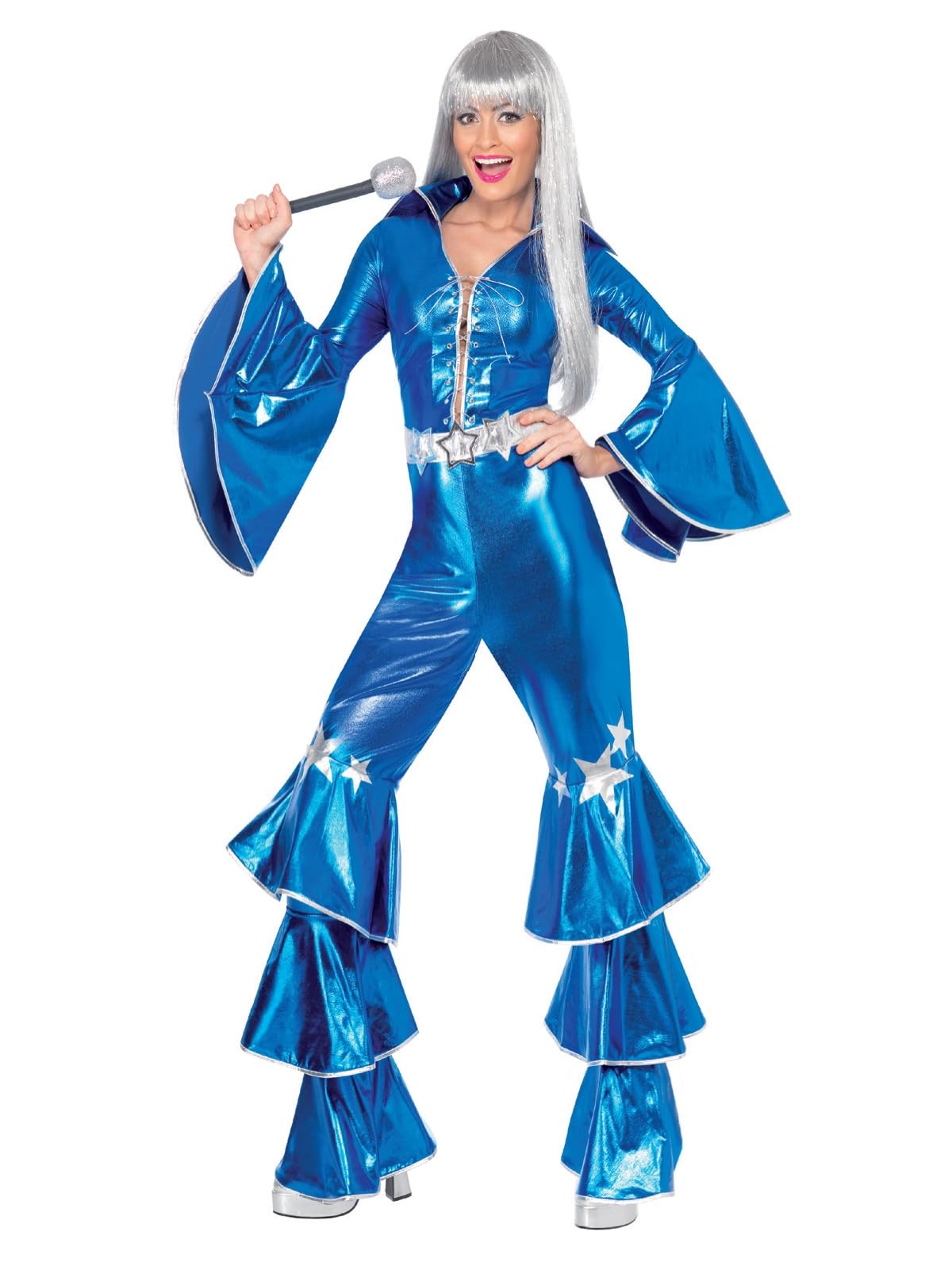 Smiffys 70s Dancing Dream Costume - Blue Lace-Up Jumpsuit for Women