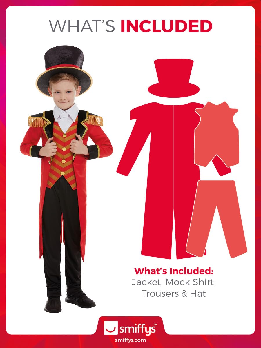 Smiffys Deluxe Ringmaster Costume - Red Jacket, Mock Shirt, Trousers & Hat for Boys