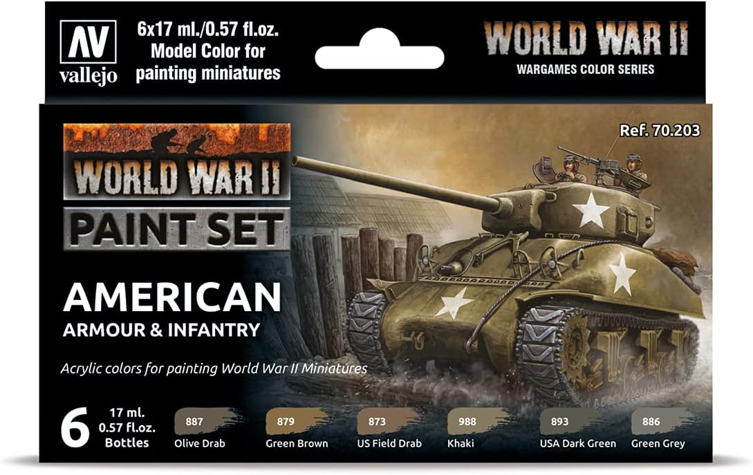 Vallejo Model Color Set - WWII American Armour & Infantry Paints, 17 ml (Pack of 6)