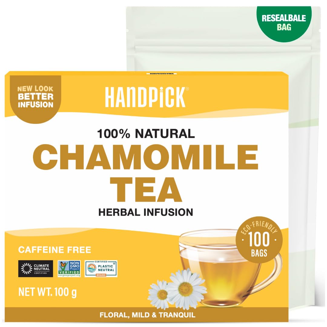 HANDPICK Chamomile Tea Bags (100 Herbal Tea Bags) Caffeine Free | Floral
