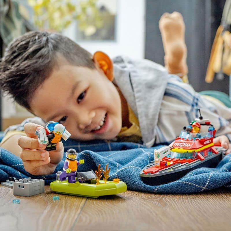 LEGO City Fire Rescue Boat Toy - Floating Fireboat with Jetpack, Dinghy & 3 Minifigures for Kids 5+