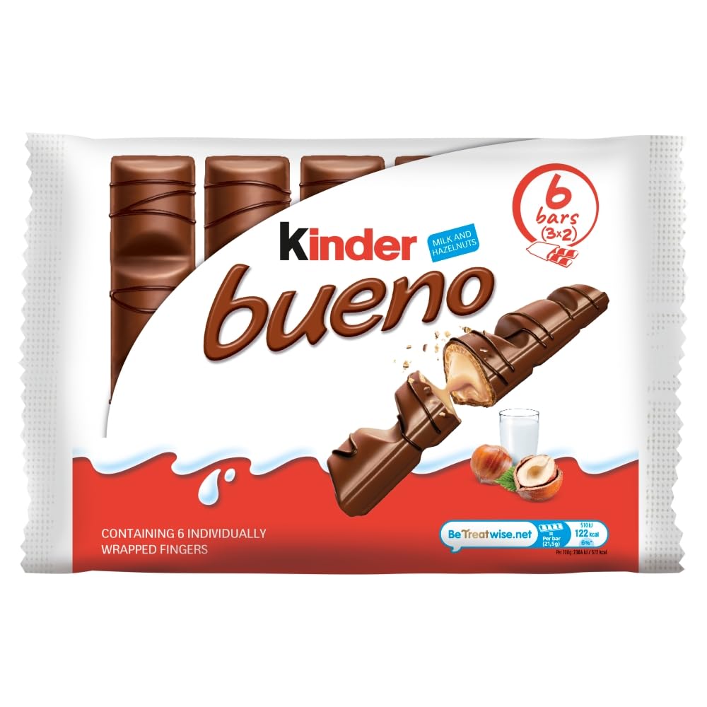 Kinder Bueno Classic Schoko-Snackriegel - Milchschokolade mit Haselnussfüllung, 6 einzeln verpackte Riegel