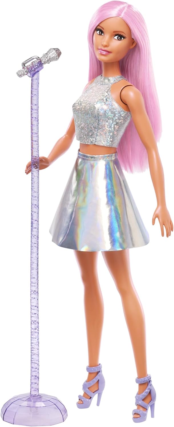 Barbie Pop Star Doll - Iridescent Skirt, Microphone & Stand, Pink Hair (Ages 3+)