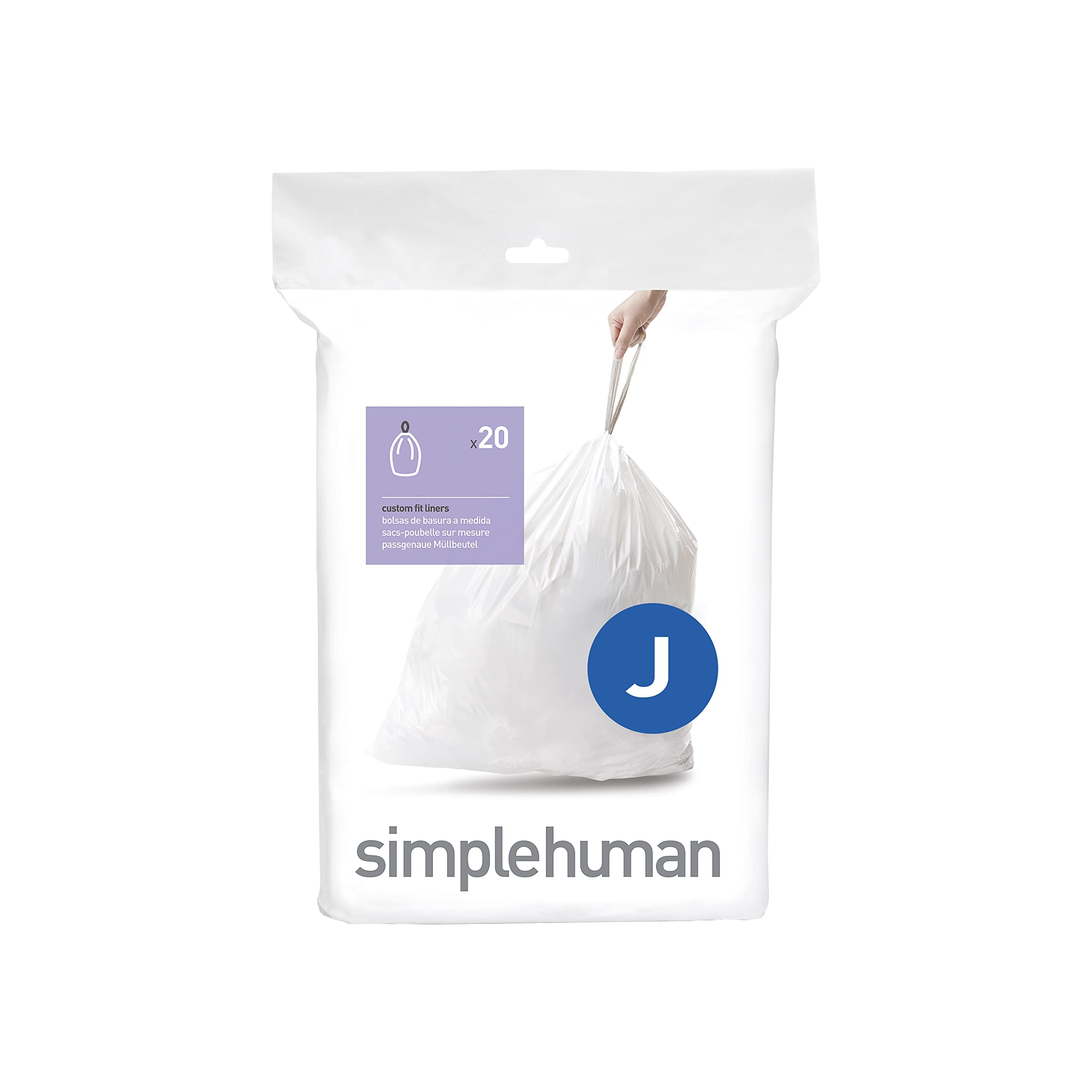 simplehuman Code J Custom Fit Bin Liners, White Plastic - Pack of 20