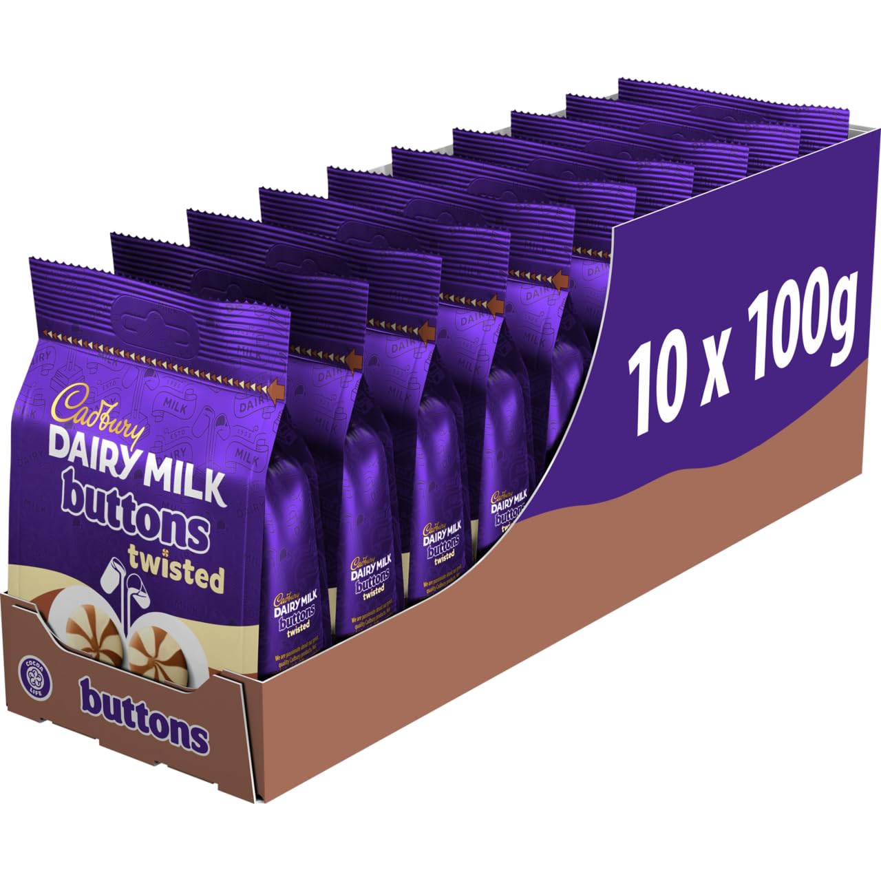 Cadbury Dairy Milch- und weiße Schokoladenknöpfe, gedreht, 10 x 100 g Beutel zum Teilen