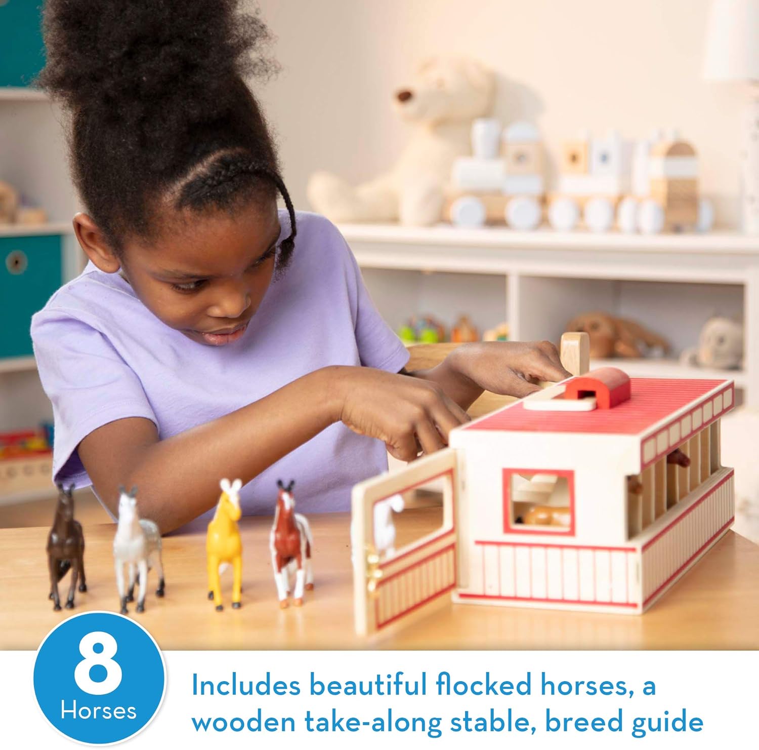 Melissa & Doug Take-Along Show-Horse Stable Playset - Wooden Pretend Play Toy with 8 Horses, Ages 3+