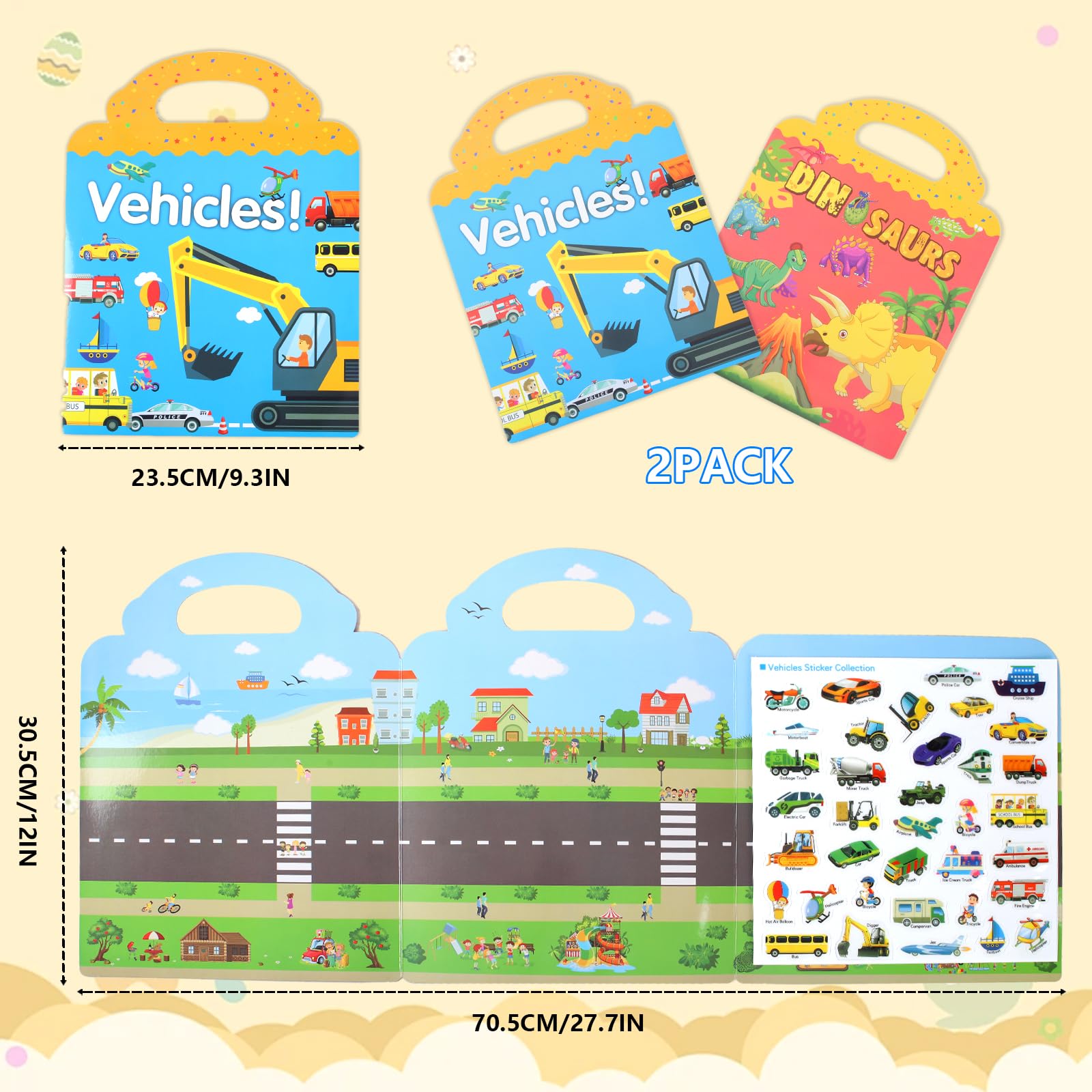 MOXYOY 2 Pack Reusable Sticker Books for Kids - Dinosaur & Vehicle Themes, Educational DIY Toys for Ages 3+