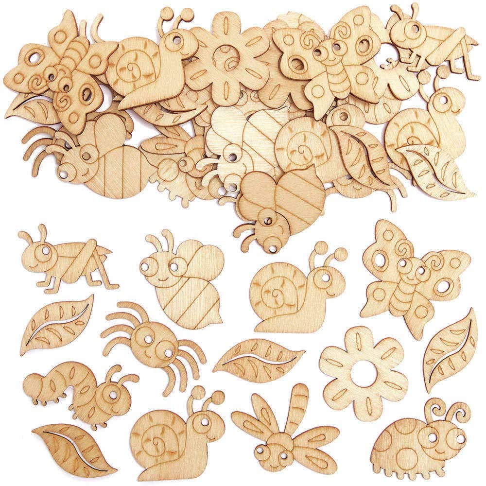Baker Ross FC721 Bug Mini Wooden Shapes - Pack of 100, Wood Crafts for Kids, Card Making Supplies