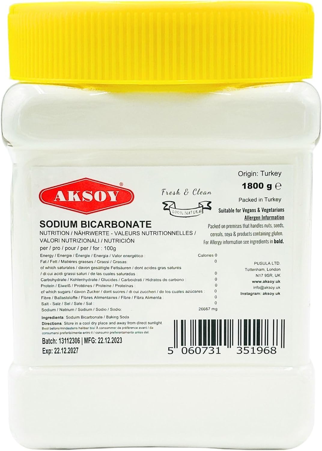 Aksoy Baking Soda 1.8KG || Pure Sodium Bicarbonate Powder, Highest Purity, Food