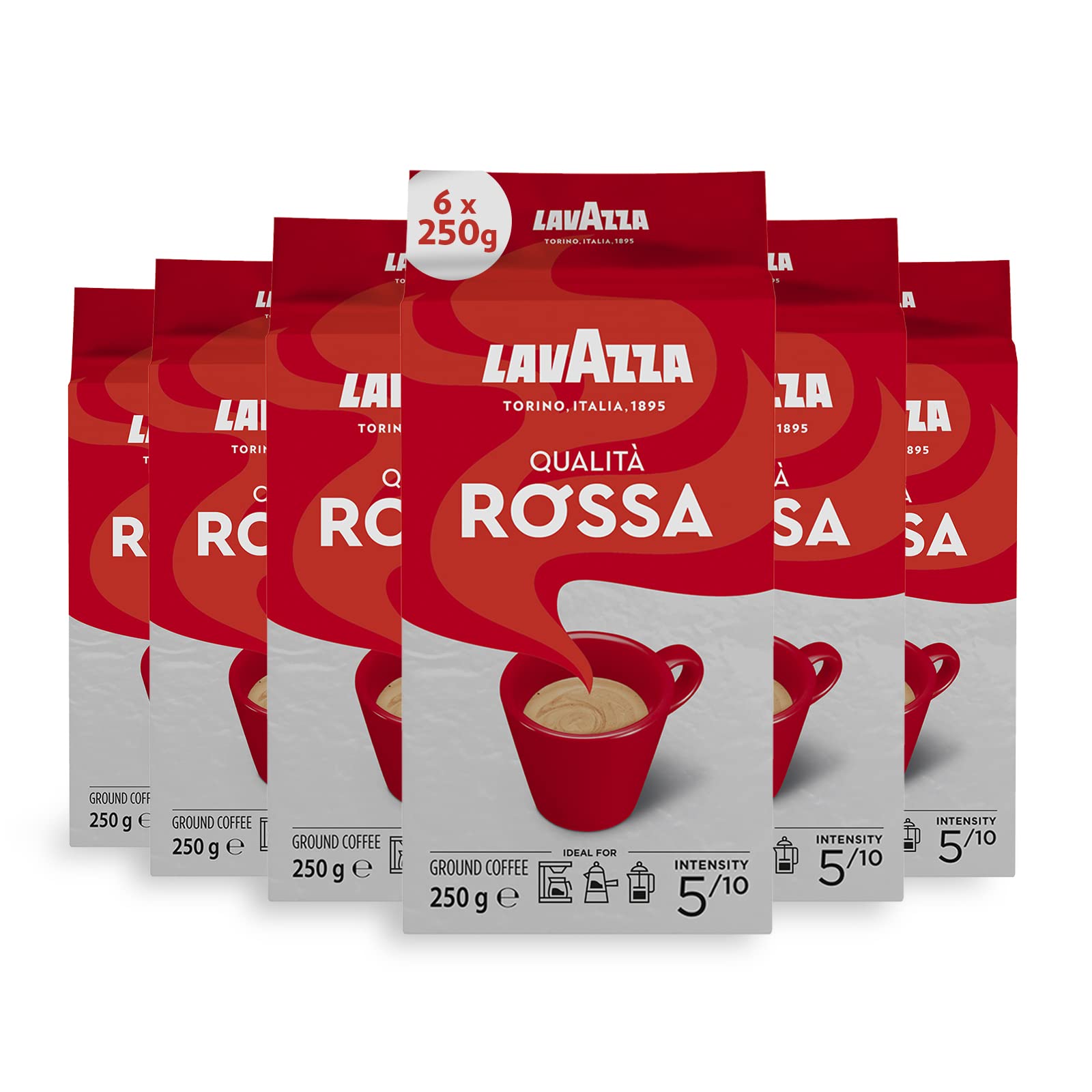 Lavazza Qualità Rossa Ground Coffee - 6 x 250g, Ideal for Moka Pots, French Press & Filter Machines