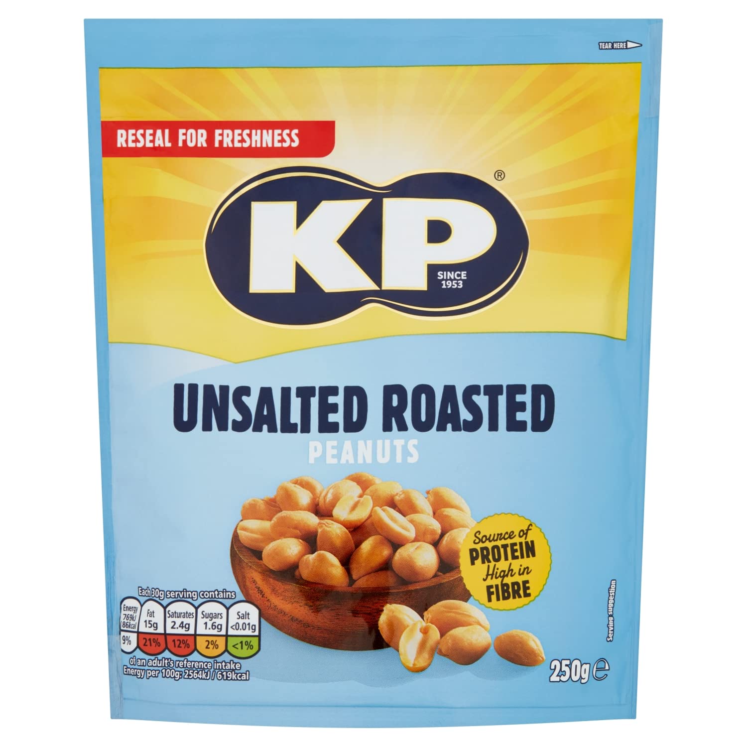 KP Nuts Unsalted Peanuts, 250g Reclosable Share Bag