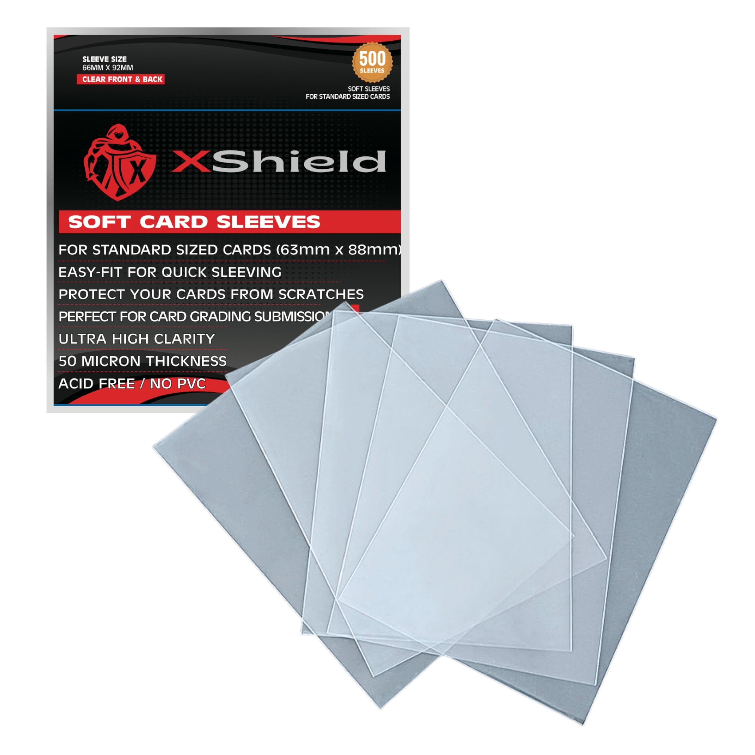XShield Trading Card Sleeves - 500-Pack, 66x92mm, 50 Micron, Clear for Pokémon, Magic: The Gathering, Yu-Gi-Oh!