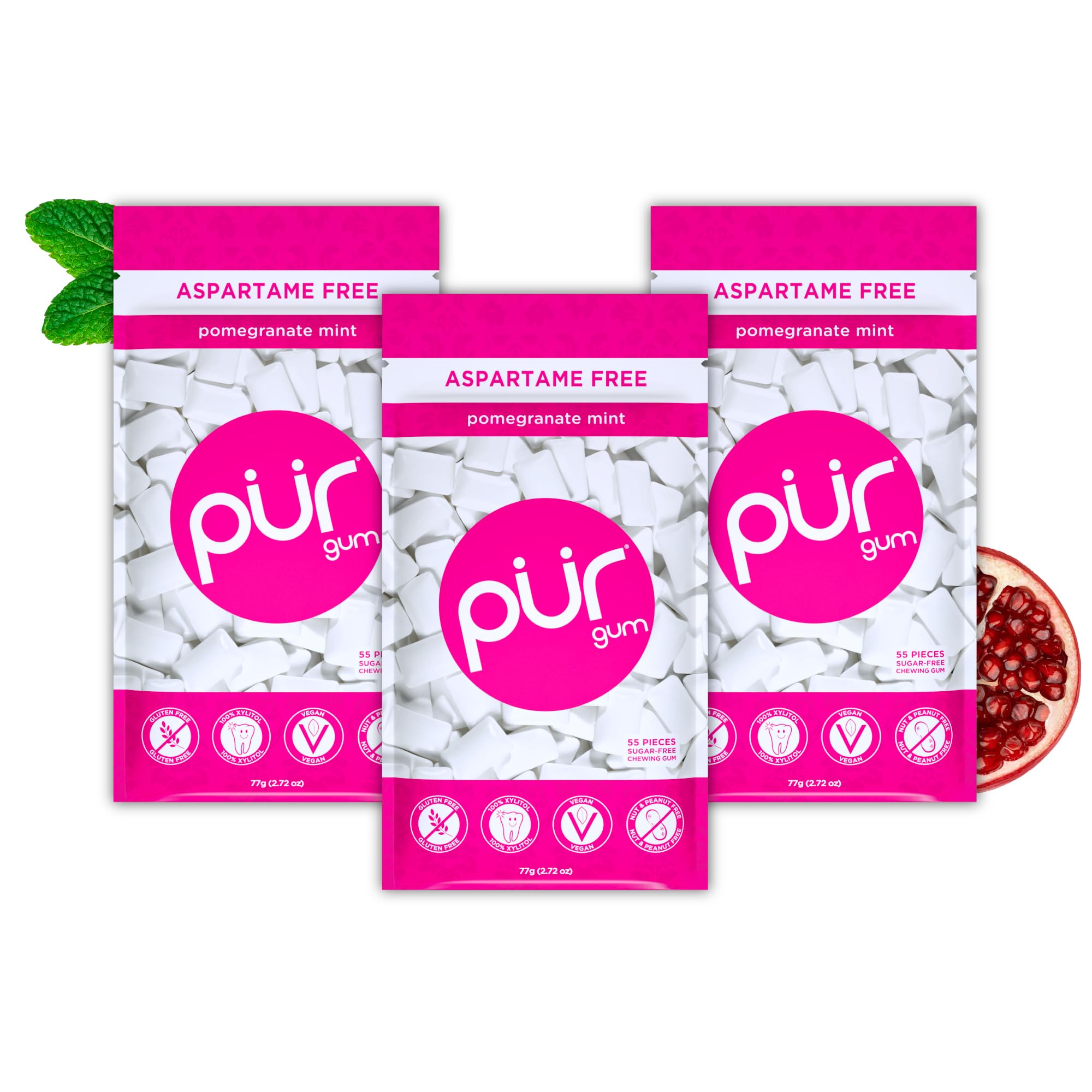 PUR - Natural Pomegranate Mint Sugar-Free Chewing Gum (55 Pieces, Pack of 3)