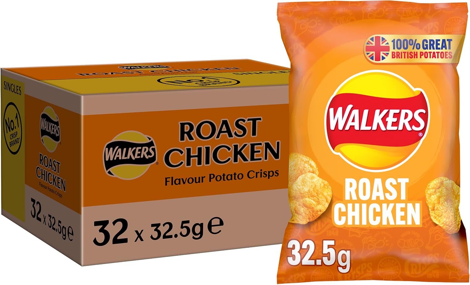 Walkers Roast Chicken Crisps 32,5 g (Karton mit 32 Stück) – Hergestellt aus 100 % britischen Kartoffeln