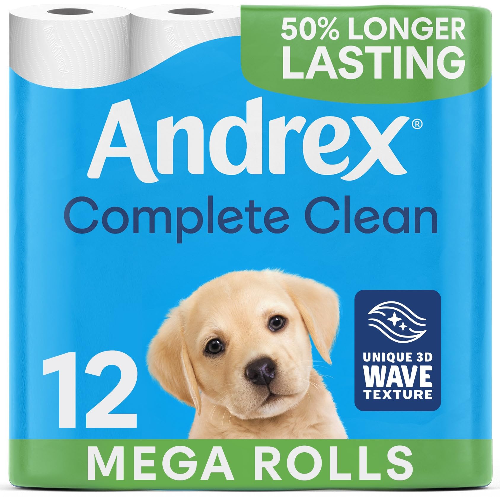 Andrex Complete Clean 12 Mega-Toilettenpapierrollen (entspricht 18 Standardrollen), 50 % mehr Blätter, weiß