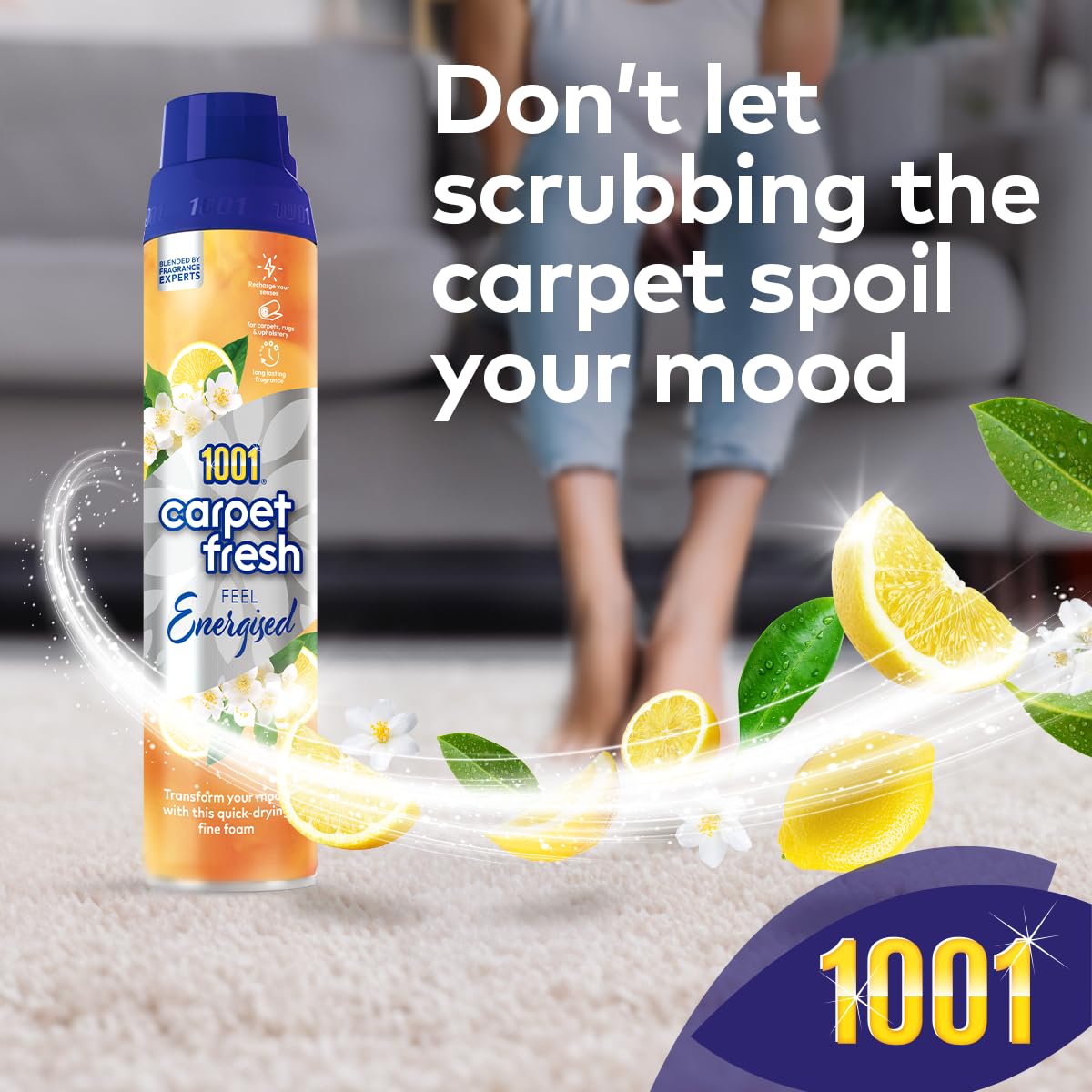 1001 Carpet Fresh Feel Energized 300ml Can - Invigorating Lemon Scent for Carpets & Upholstery