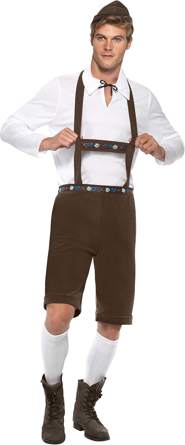 Smiffys Bavarian Man Costume - Lederhosen Shorts, Braces, Top and Hat, Size M (38"-40")