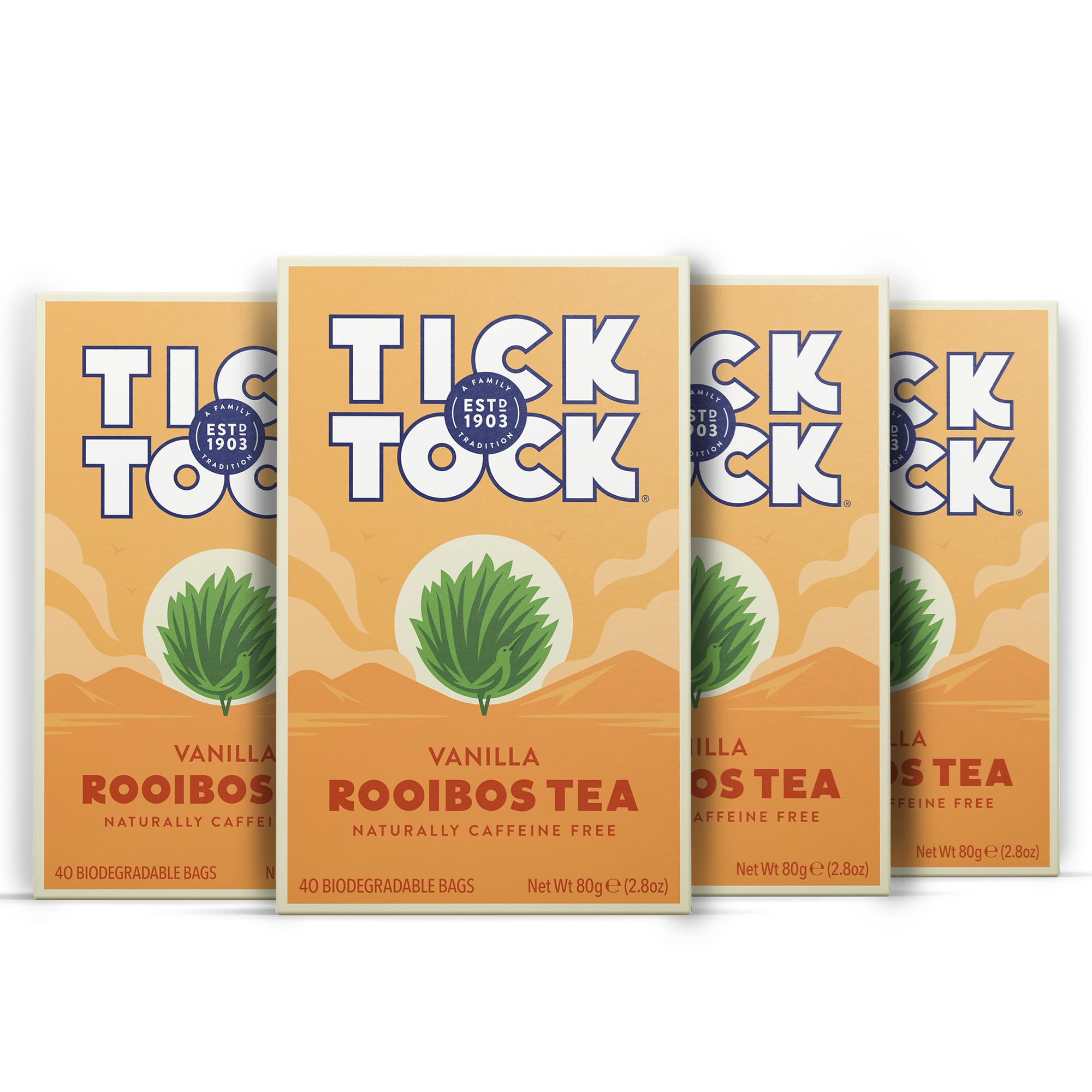 Tick Tock - Vanilla Rooibos Caffeine-Free Tea Pack of 4 x 40 Tea Bags