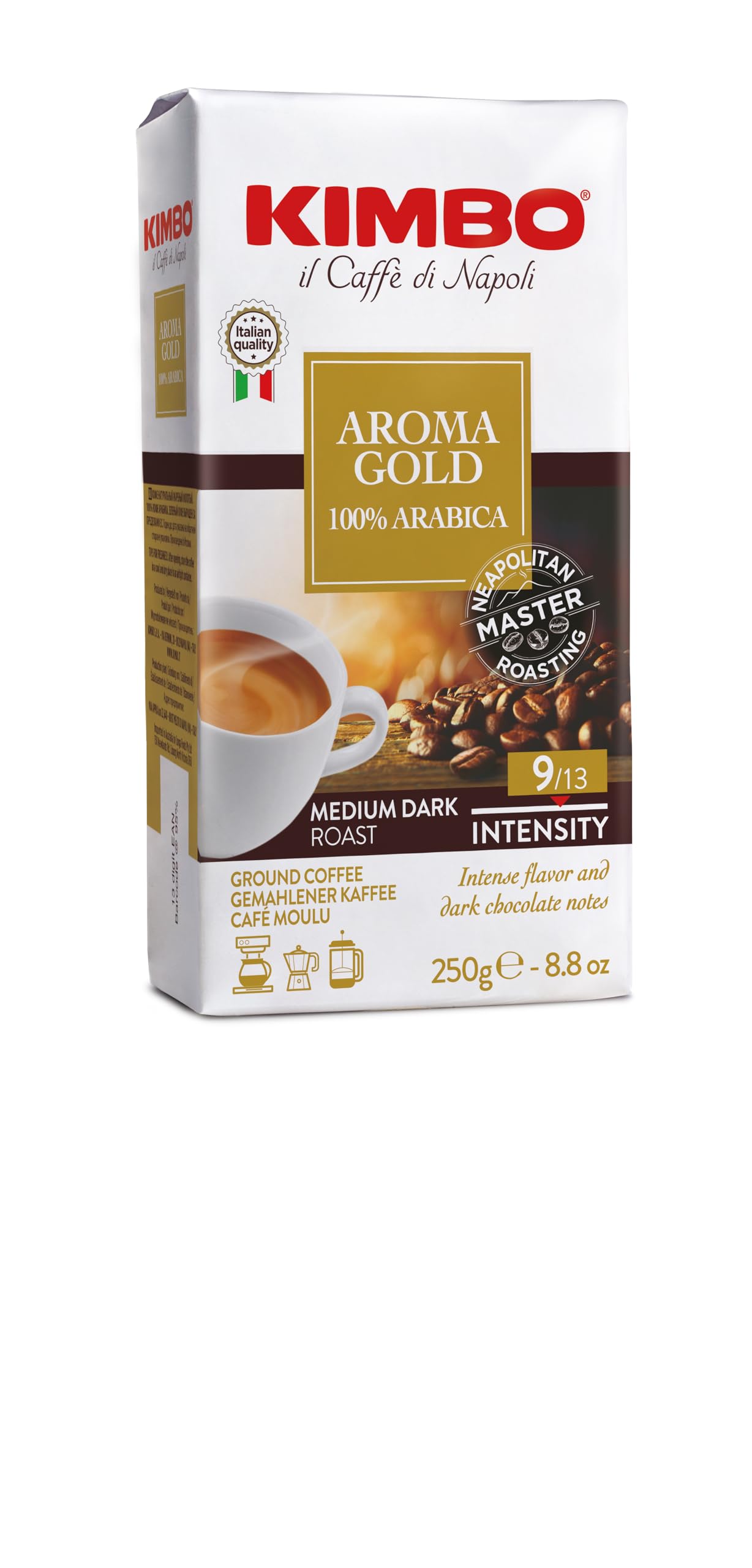 Kimbo Aroma Gold 250 g gemahlener Kaffee | 100 % Arabica, italienische mitteldunkle Röstung