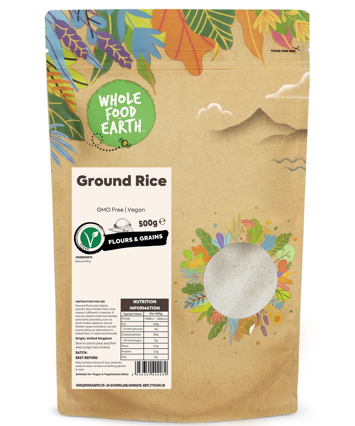 Wholefood Earth Gemahlener Reis 500 g – Gentechnikfreier Grobreis zum Kochen und Backen