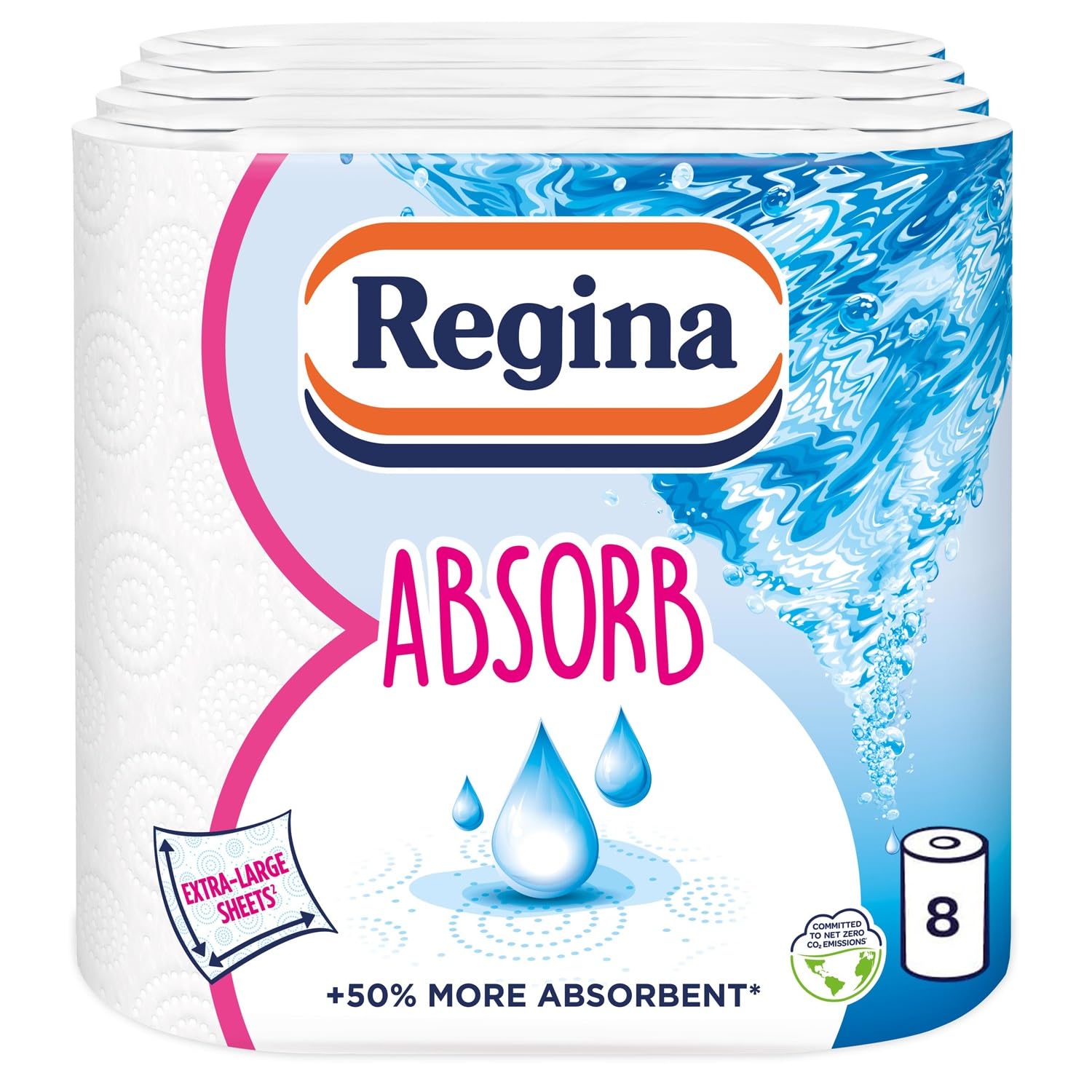 Regina Absorb Küchentücher – 8 Rollen, 75 Blatt pro Rolle, 2-lagige super saugfähige Papiertücher