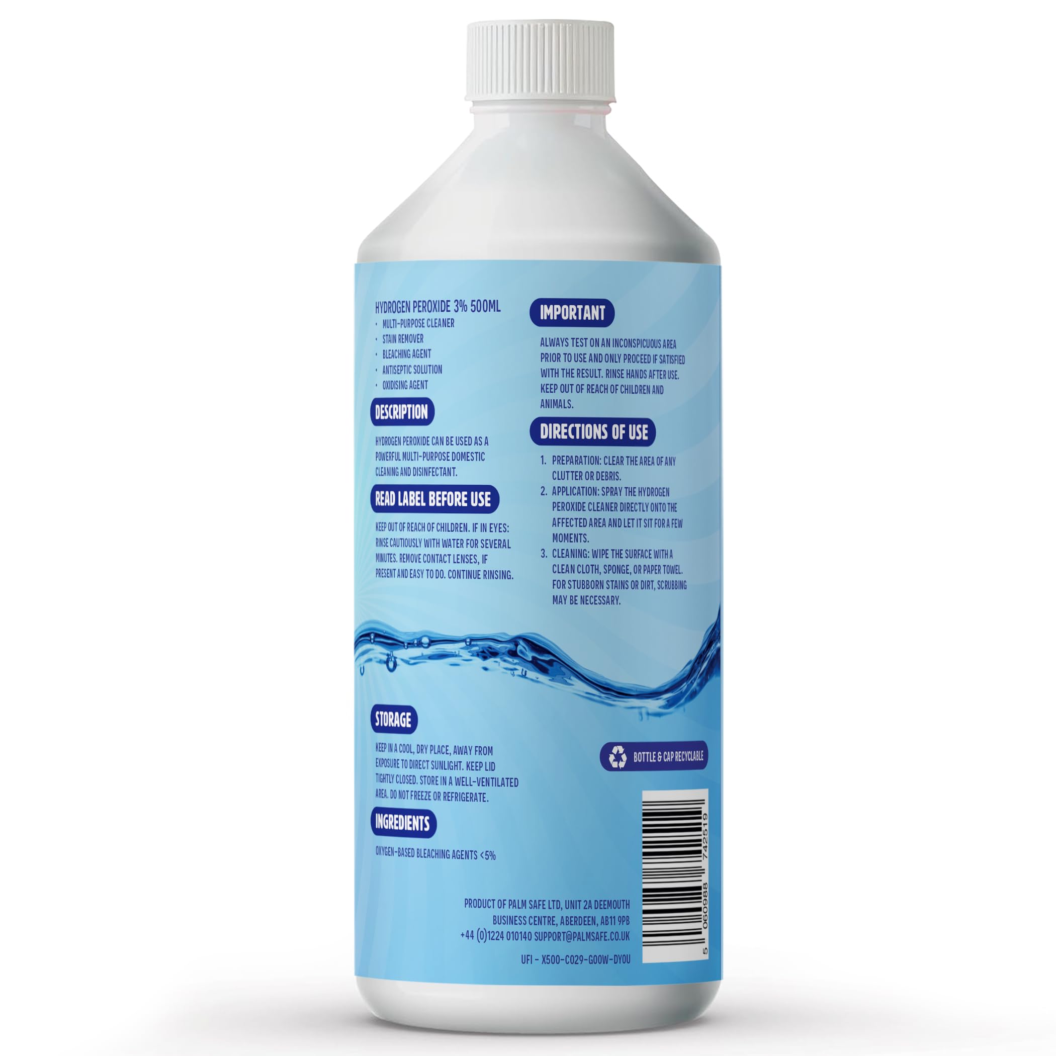 Pure Safe - Wasserstoffperoxid 3% Lösung 500ml – Mehrzweck-Desinfektionsreiniger