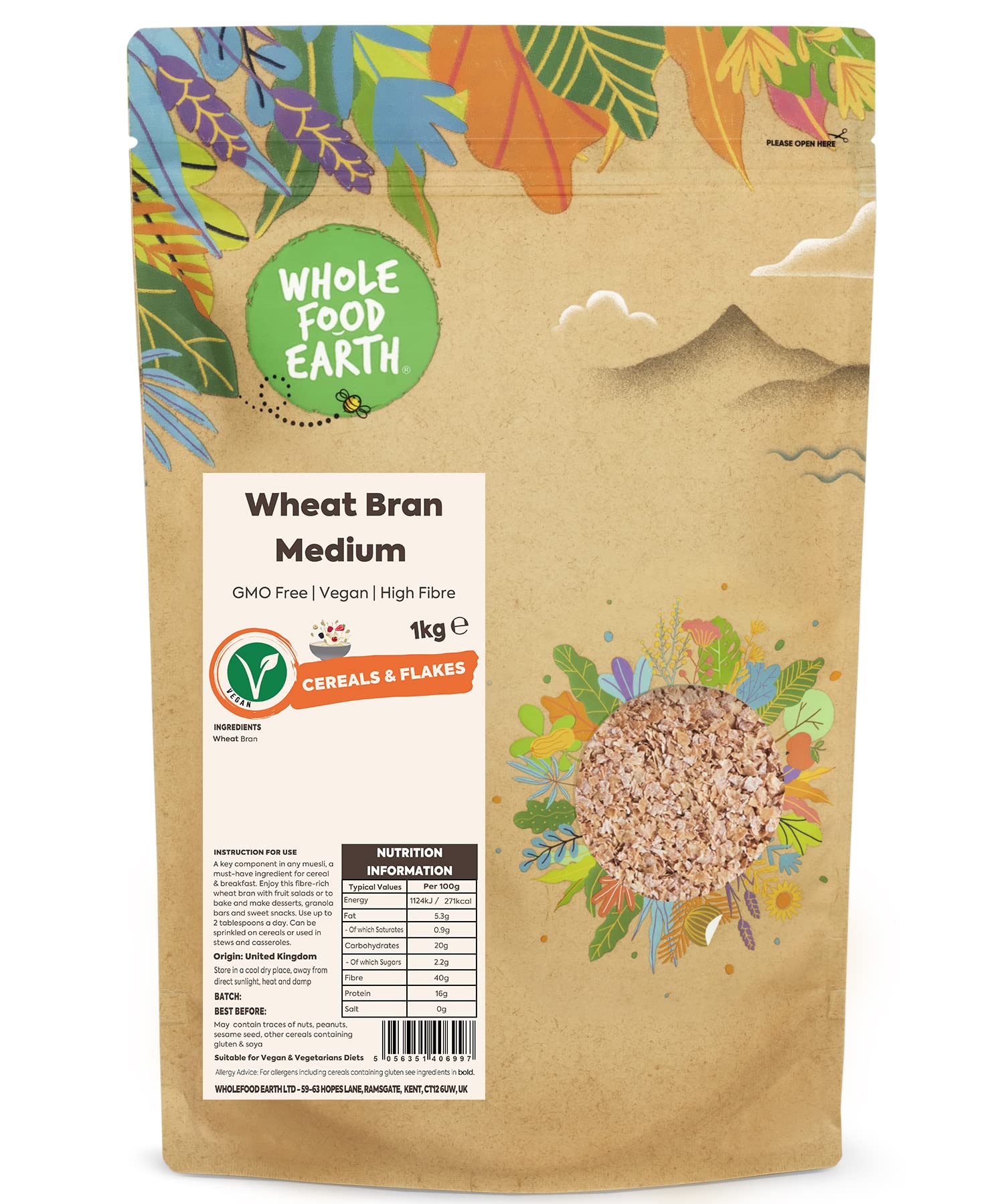 Wholefood Earth Wheat Bran Medium - 1kg - High Fibre, Vegan & Non-GMO