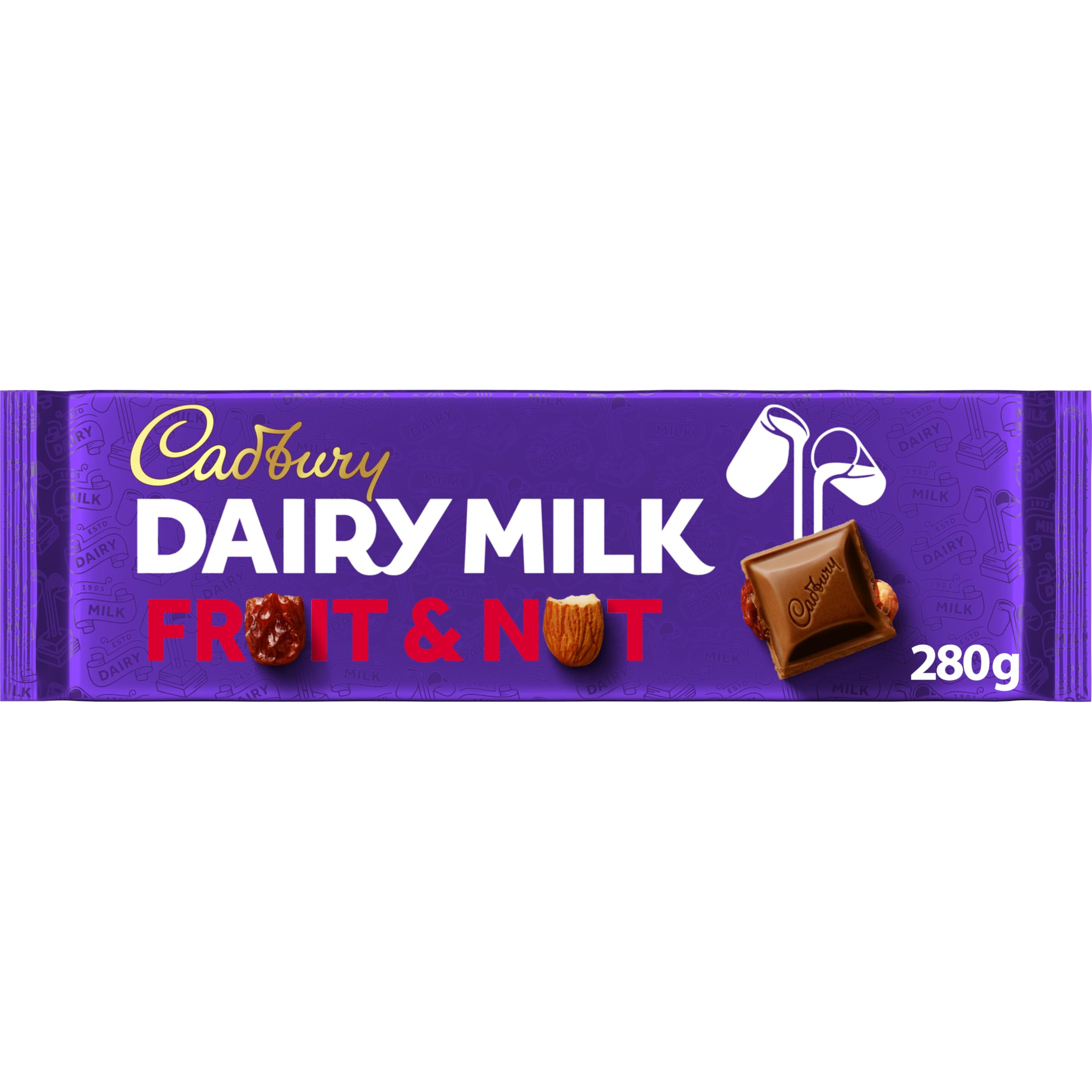 Cadbury Dairy Milk Fruit & Nut Chocolate Bar 280 g – Cremige Milchschokolade mit Mandeln und Rosinen