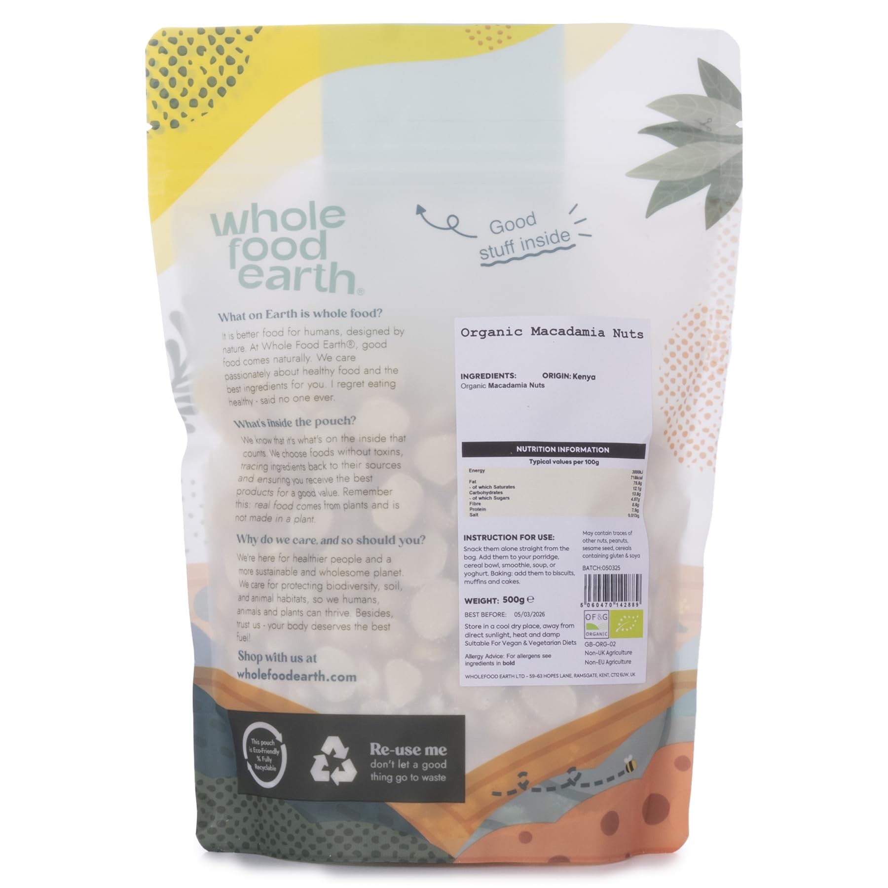 Wholefood Earth Bio-Macadamianüsse 500 g | GVO-frei | Vegan | Hoher Protein- und Ballaststoffgehalt