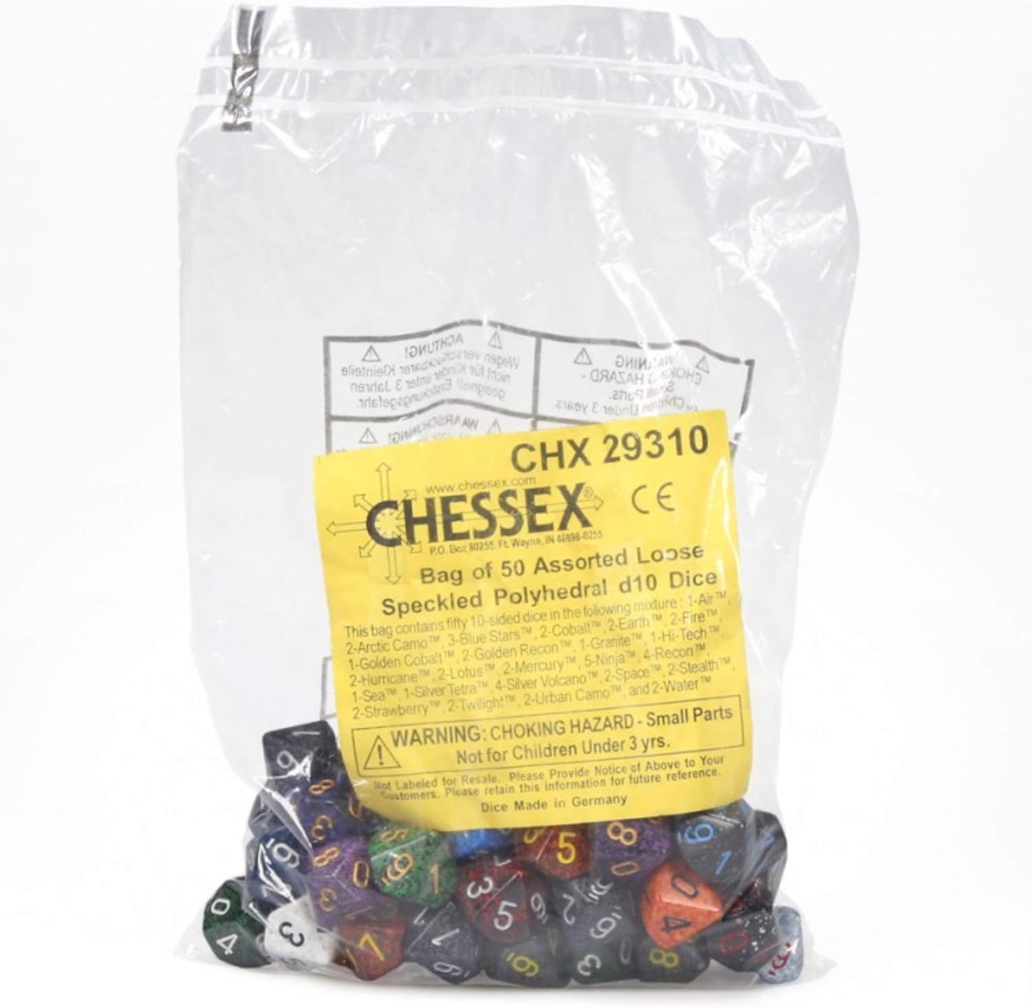 Chessex gesprenkelte polyedrische d10-Würfel – Beutel mit 50 verschiedenen mehrfarbigen Würfeln