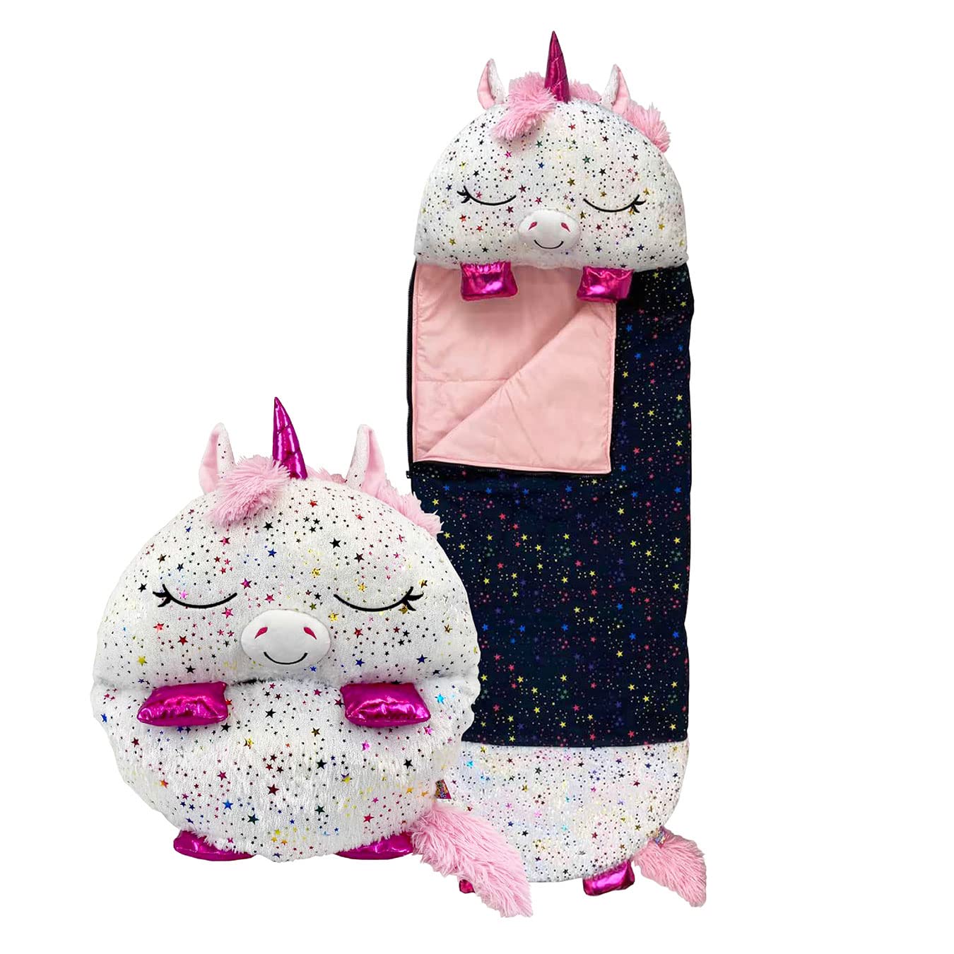 bequemer schlafsack Happy Nappers Kinderschlafsack – Schimmerndes Einhorn – Plüschtier &am