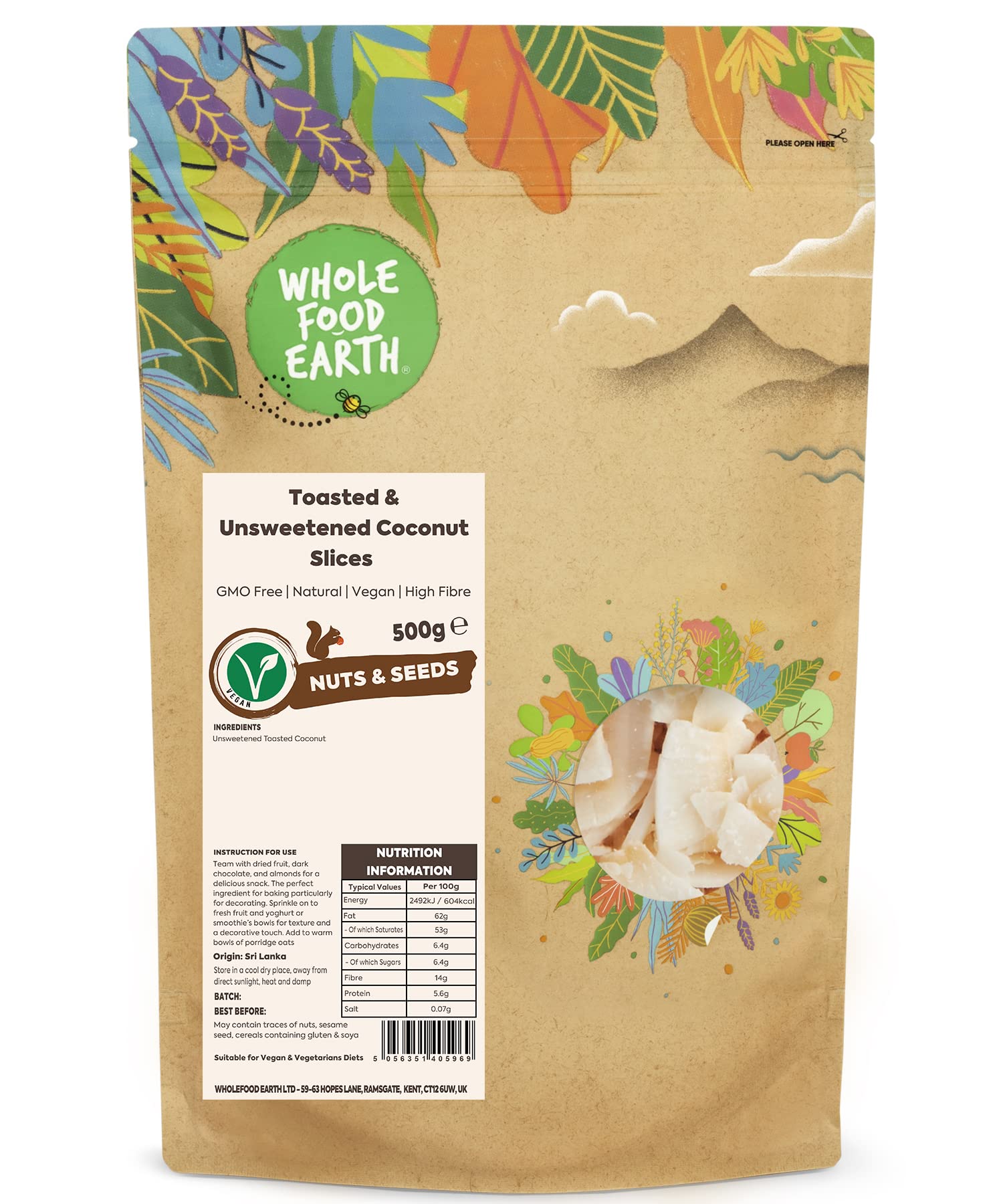 Wholefood Earth - Toasted and Unsweetened Coconut Slices (500 g)