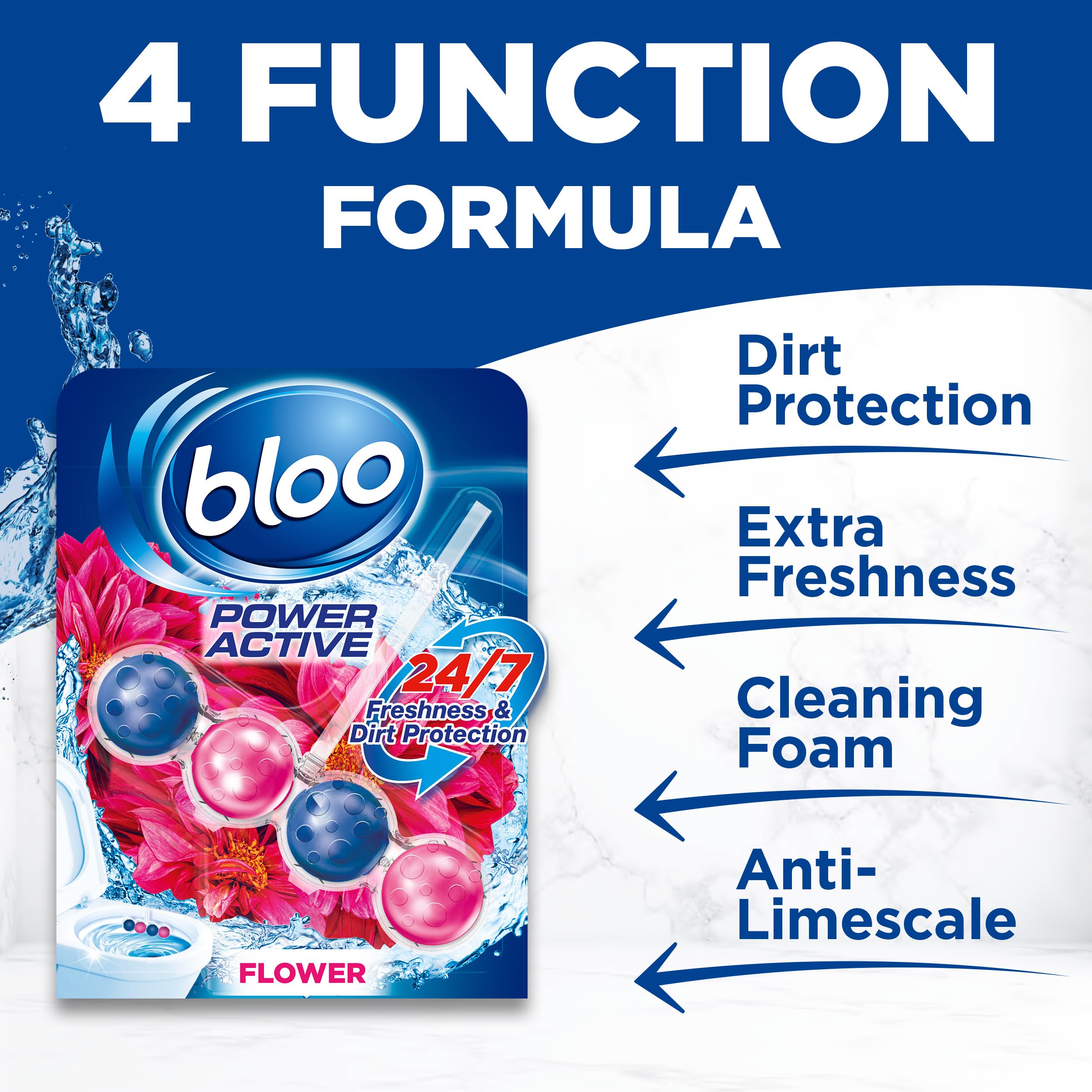 Bloo Power Active Toilet Rim Block - Fresh Flowers Scent with Anti-Limescale, 3 Pack