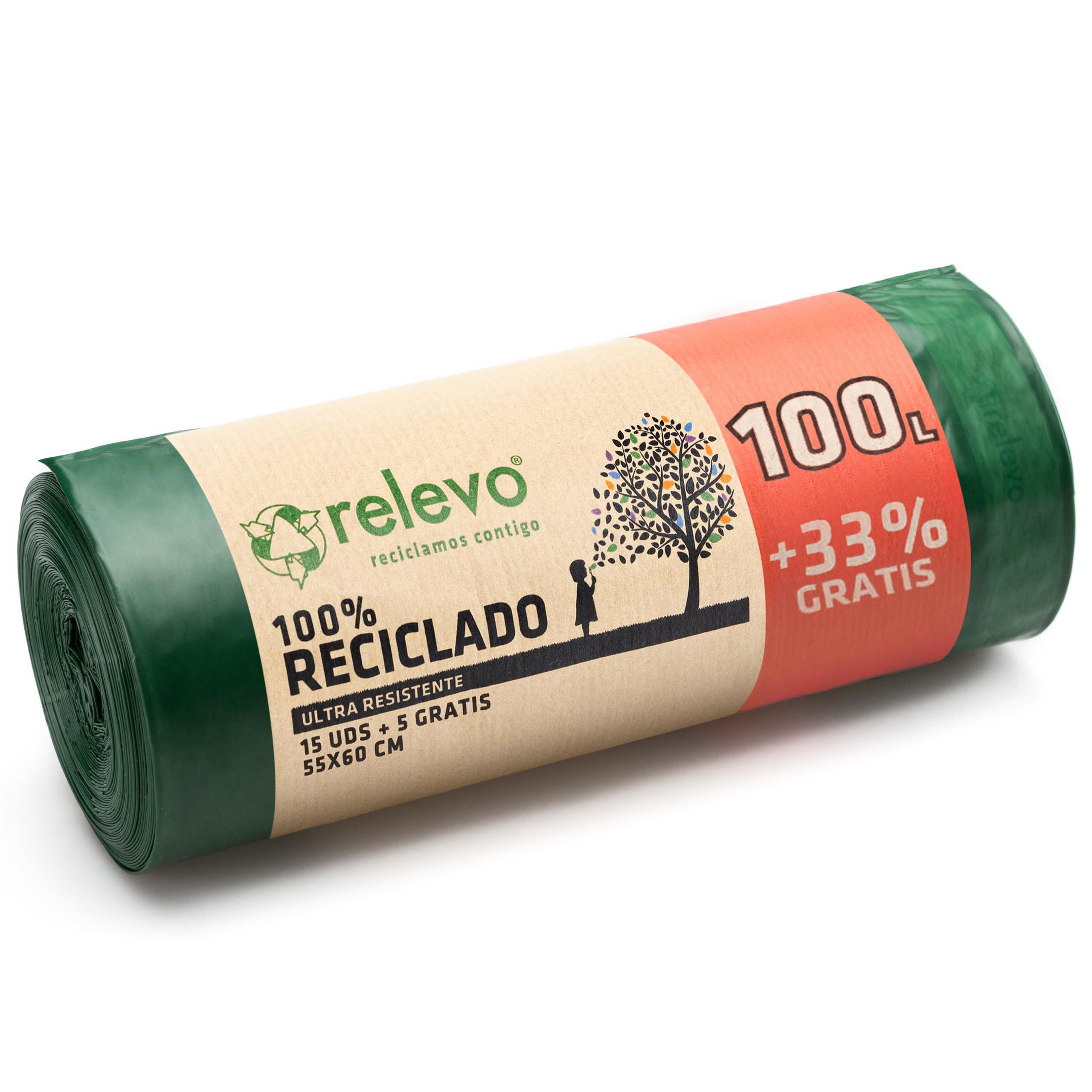 Relevo 100 % recycelte, strapazierfähige Müllsäcke, 100 l, 13er-Pack, Grün
