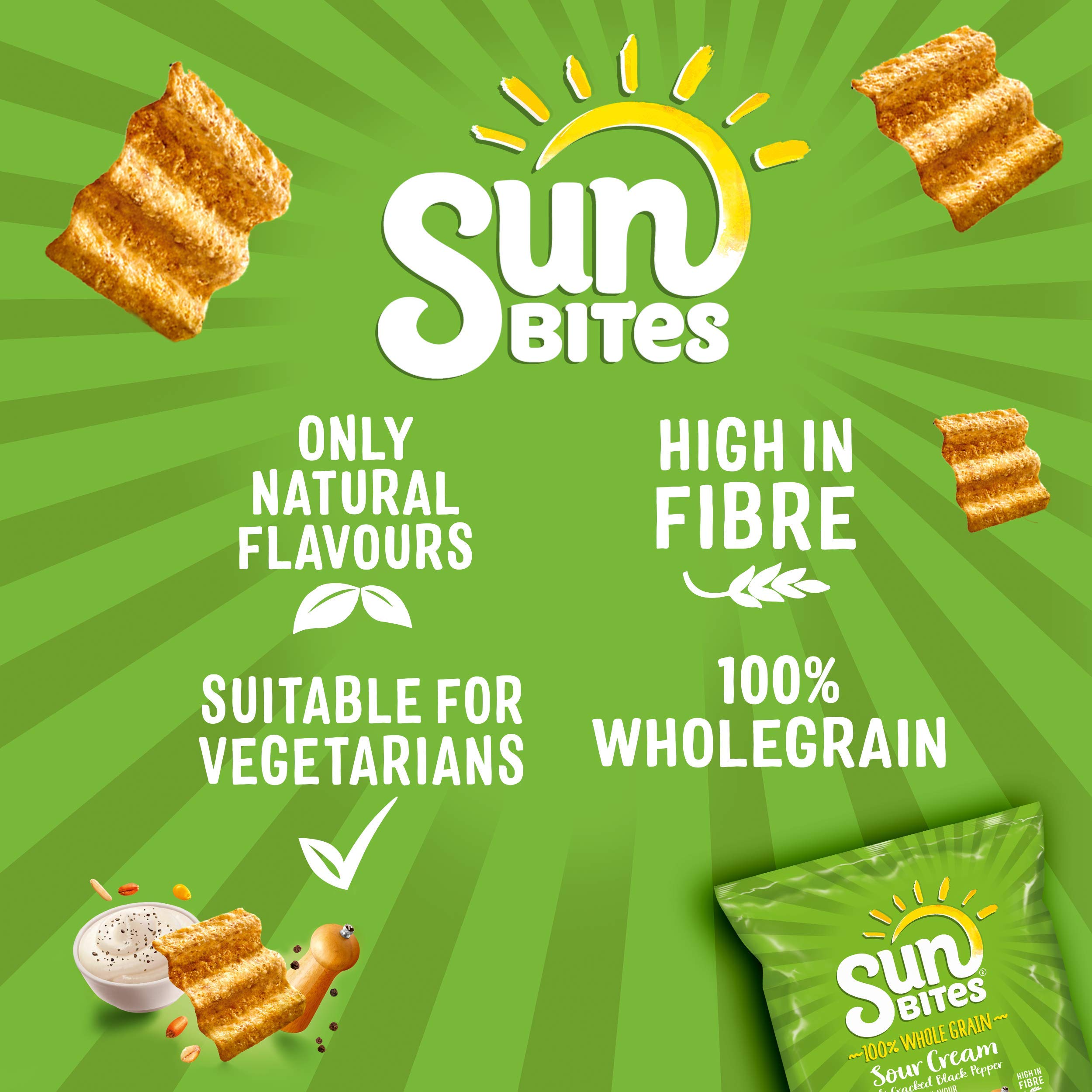Sunbites Sauerrahm & gemahlener schwarzer Pfeffer, Vollkorn-Snacks, 6 x 25 g Multipack
