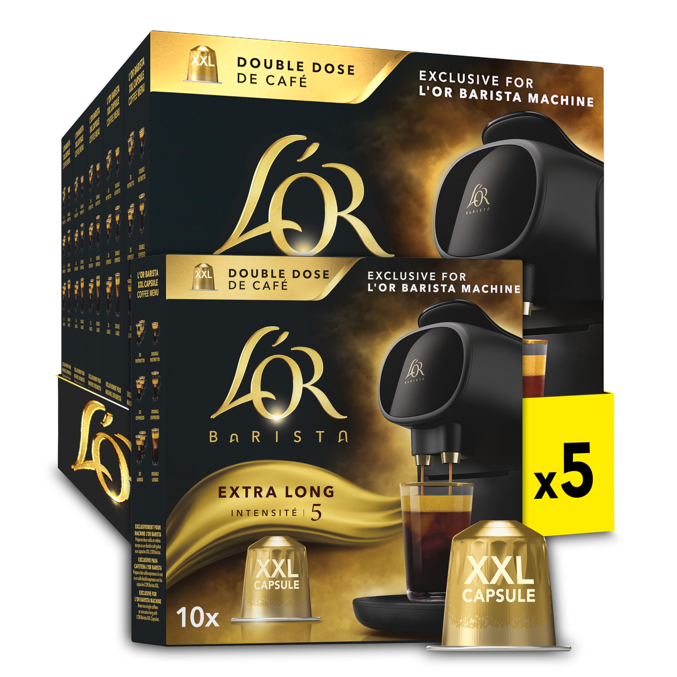 L'OR Barista Extra Long XXL Coffee Pods Intensity 5 (5 x 10 Pack, 50 Total)