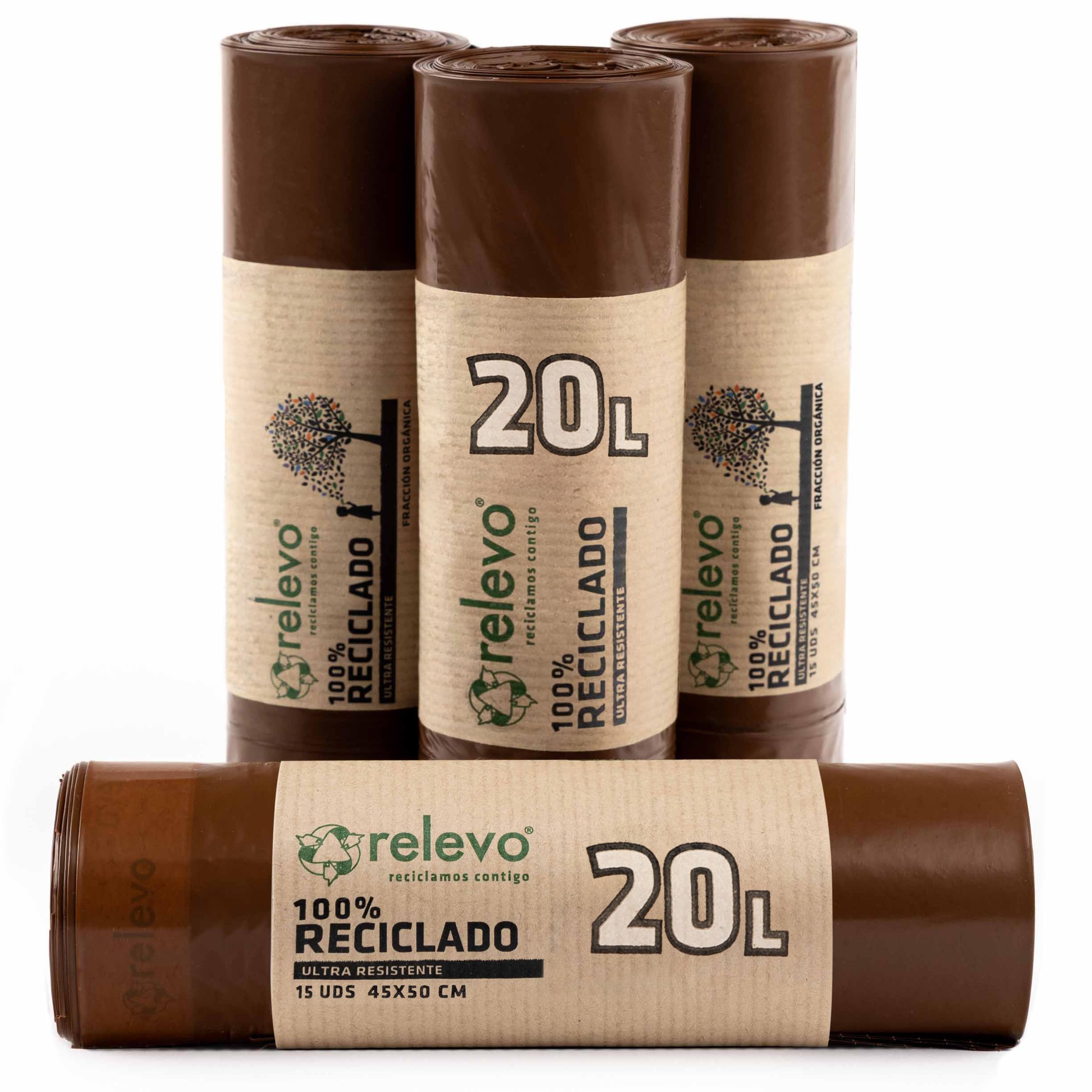 Relevo 20L Bin Bags – 100% Recycled Brown Food Waste Liners, 60 Pack, 30 µm Thick with Drawstring