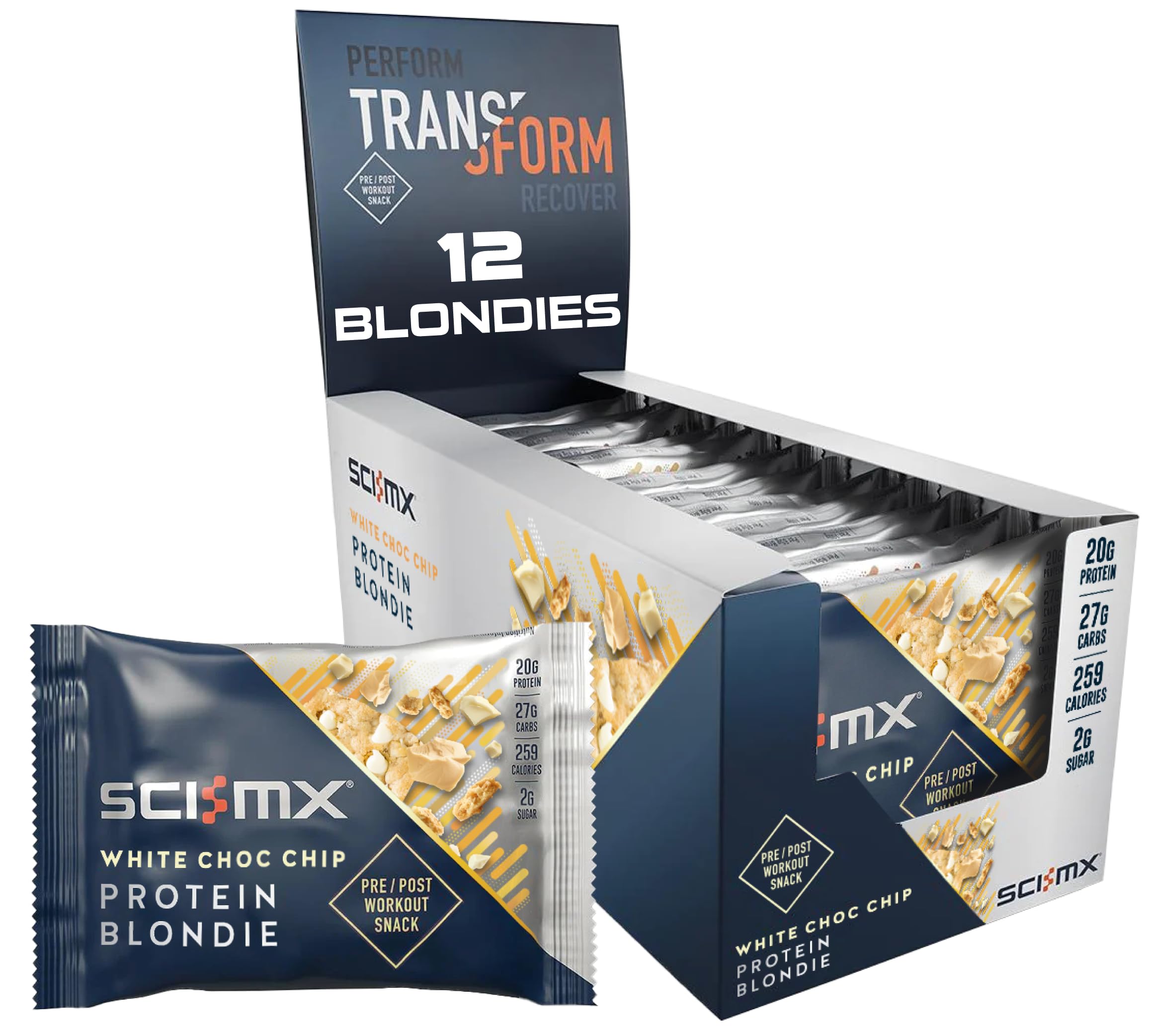 SCI-MX Protein White Chocolate Chip Blondie Box – 12 x 65 g proteinreicher Snack