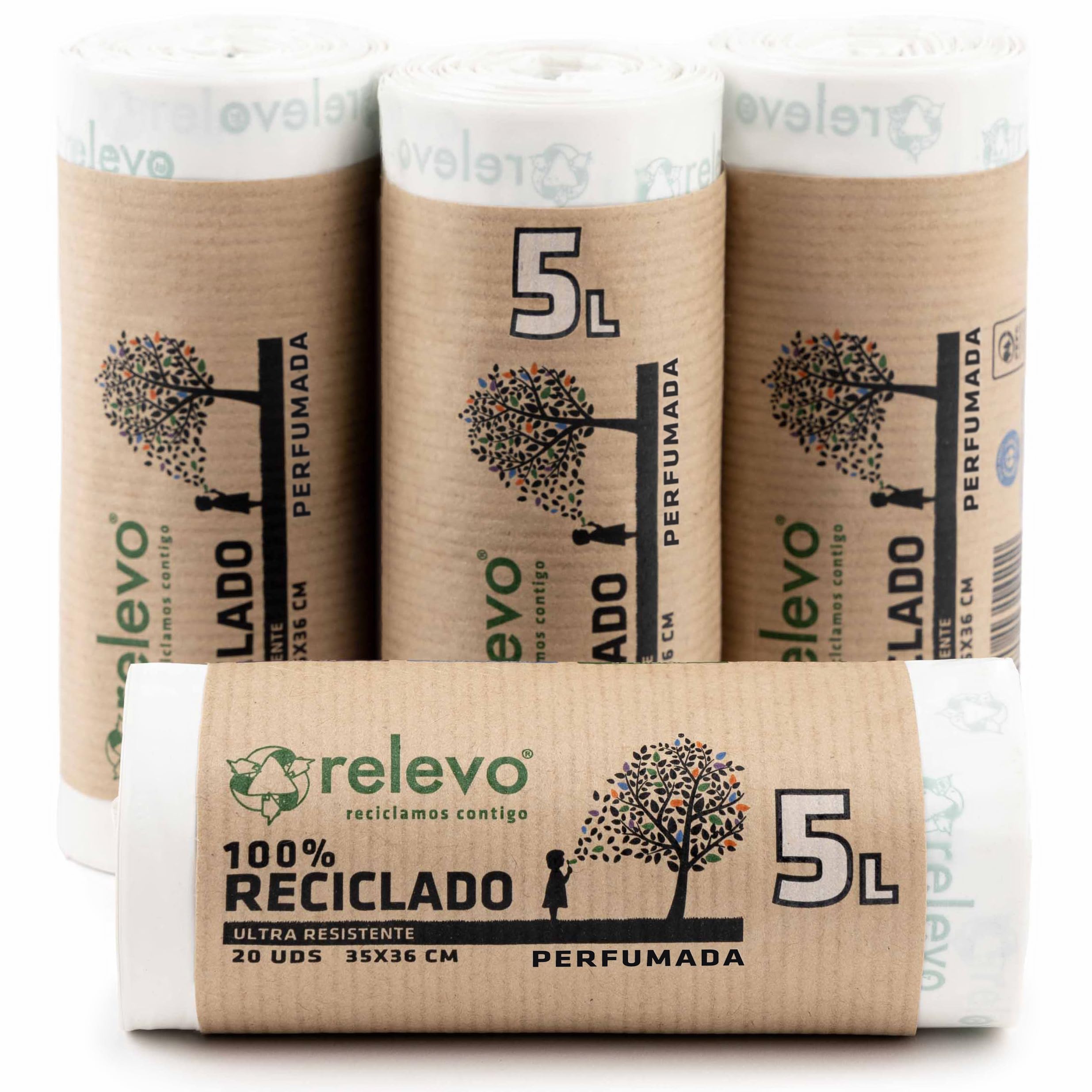 Relevo 5L Bin Liners – 80 Recycled Small Bin Bags (35 x 36 cm), 30 µm Thickness, White