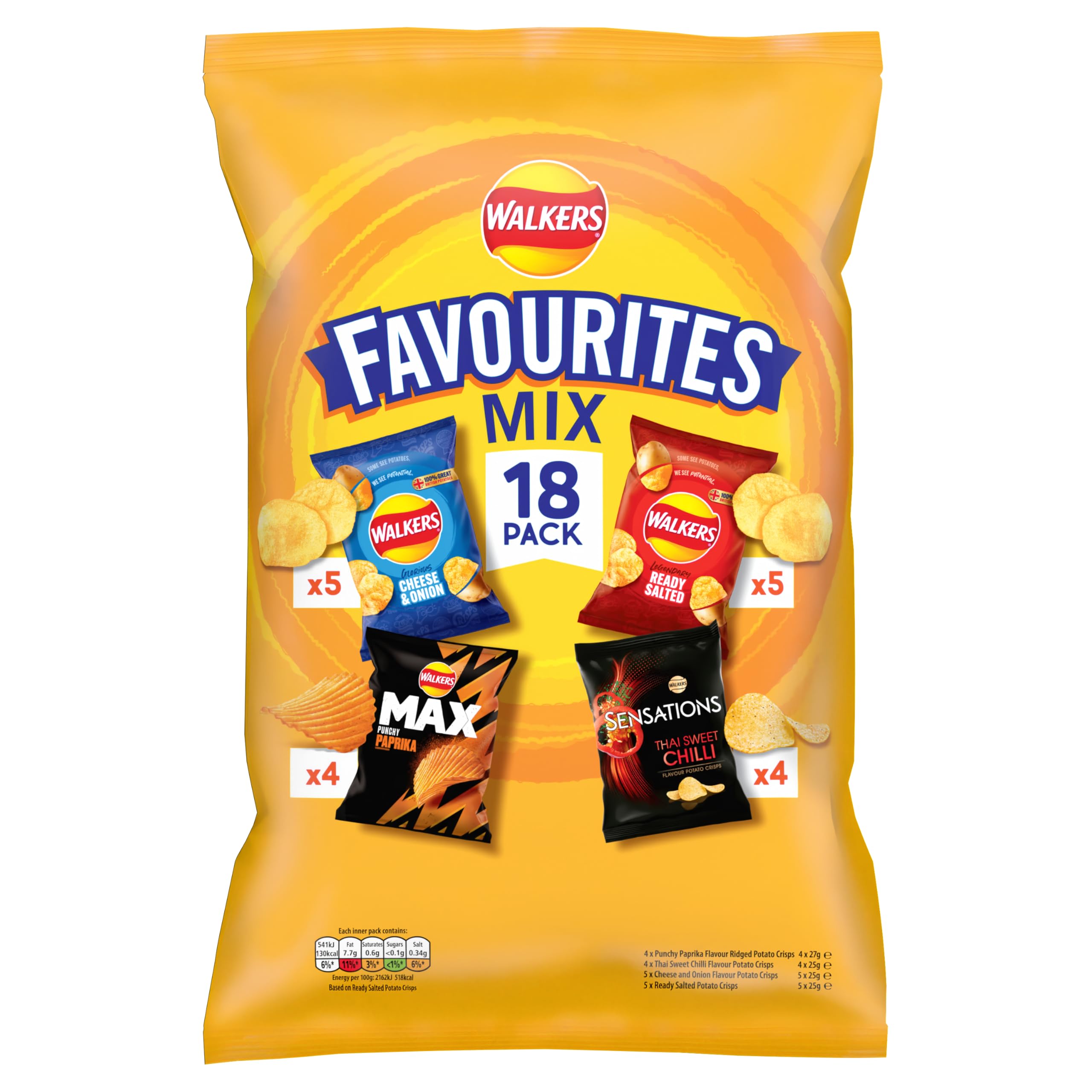 Walkers Favourites Mix Multipack Chips, 18er-Pack – Käse und Zwiebeln, fertig gesalzen, Paprika, süße Thai-Chili