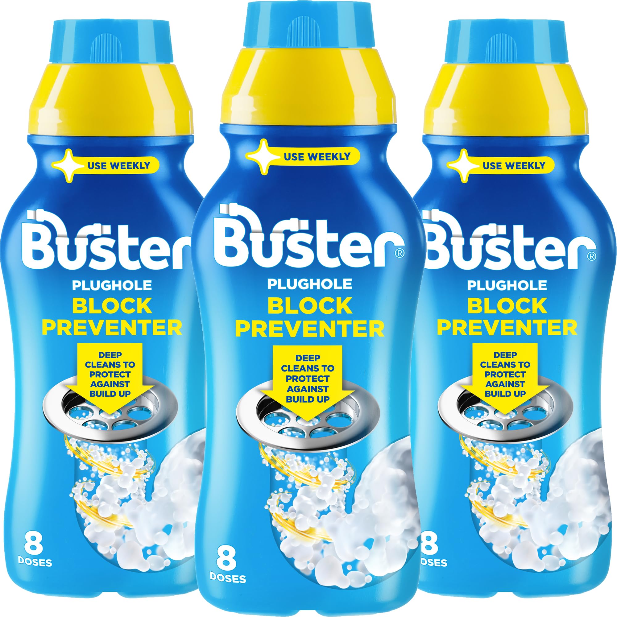 Buster Block Preventer - 500ml Pack of 3 | Deep Clean Drain & Pipe Unblocker for Kitchen & Bathroom
