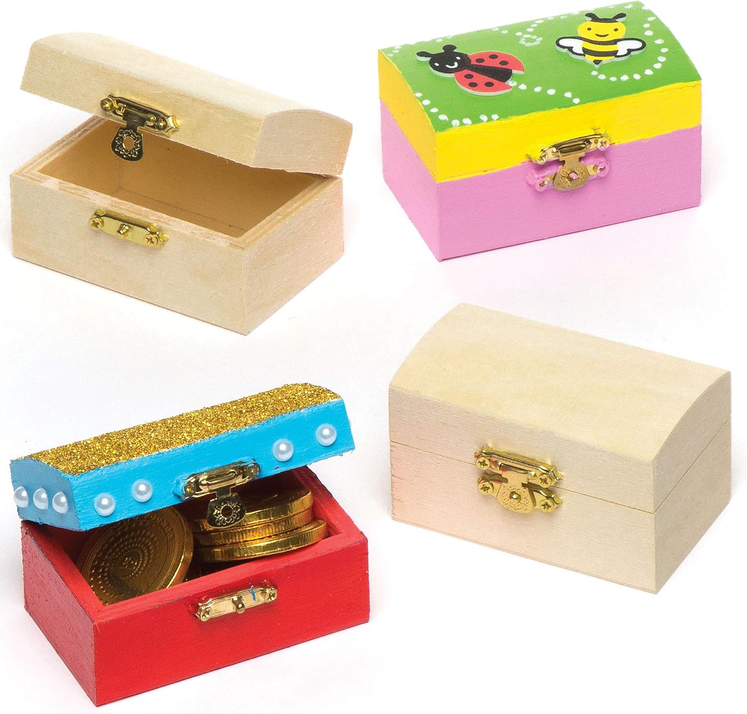 Baker Ross Mini Wooden Treasure Chests - DIY Craft Kit for Kids (Pack of 4)