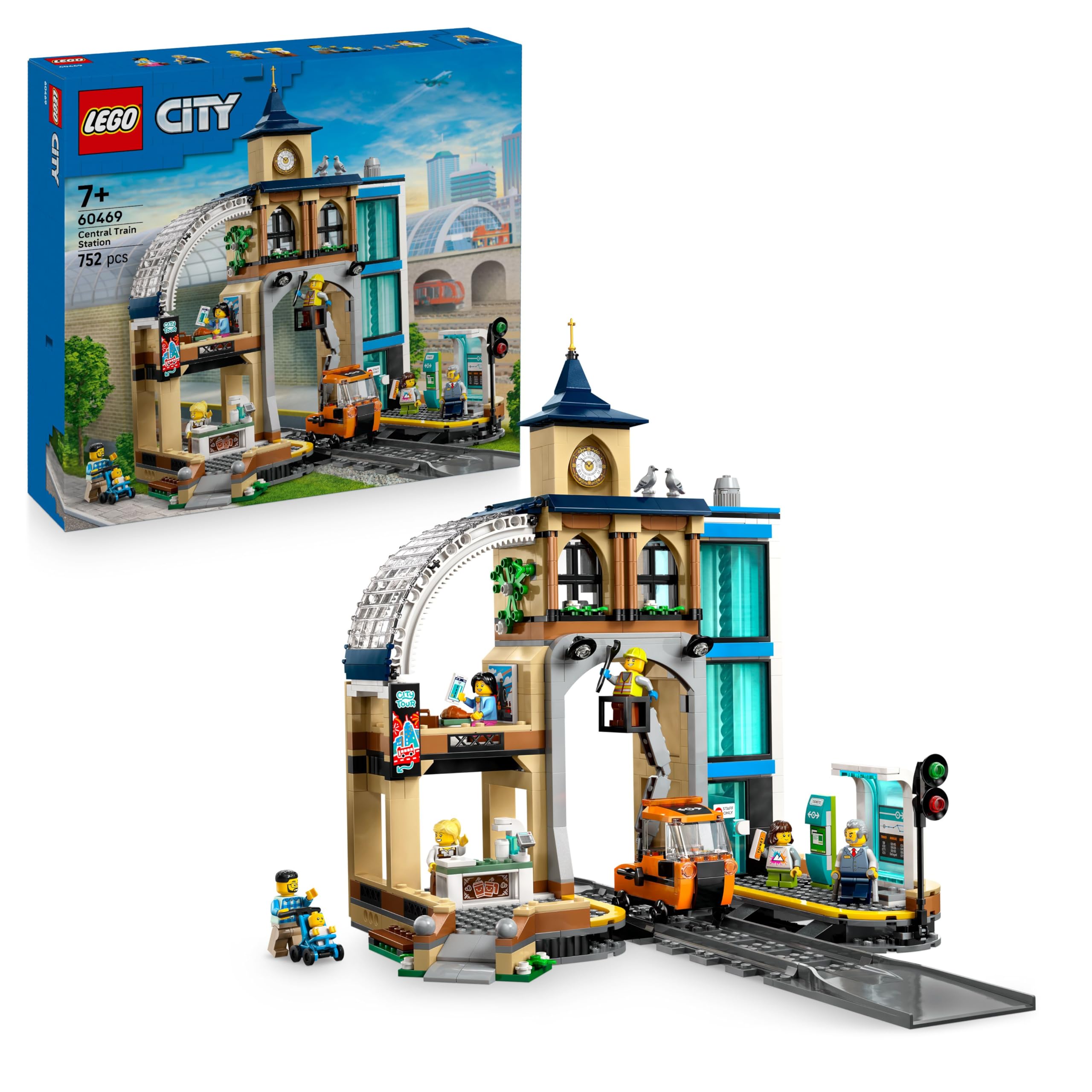 LEGO City Central Train Station Set with Maintenance Vehicle - Building Toy for Kids 7+