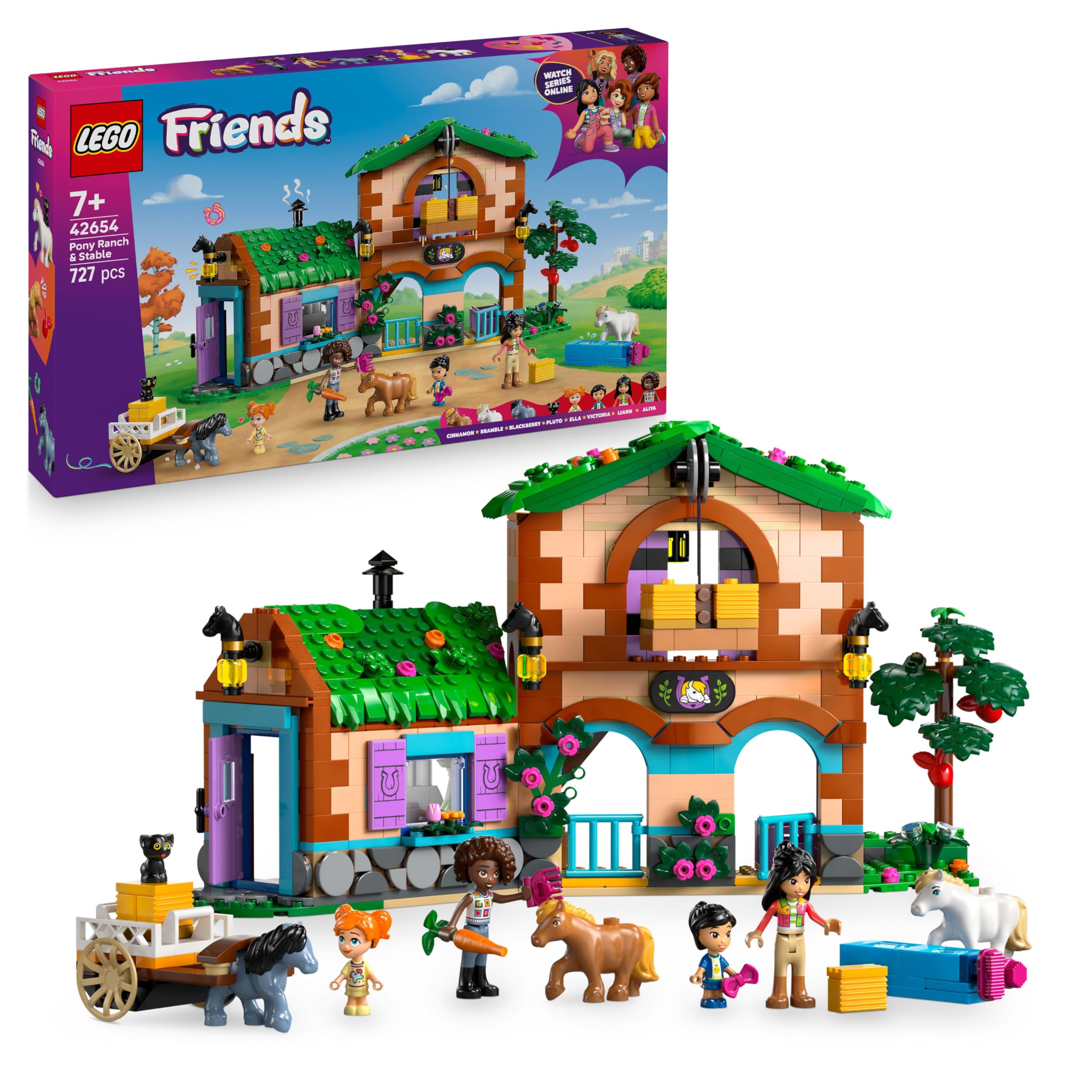 LEGO Friends Pony Ranch & Stable Toy - Building Set with 4 Mini Dolls, 3 Ponies, Cat Figure & Cart for Kids 7+